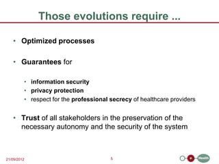 Those evolutions require ...

   • Optimized processes

   • Guarantees for

         • information security
         • privacy protection
         • respect for the professional secrecy of healthcare providers


   • Trust of all stakeholders in the preservation of the
     necessary autonomy and the security of the system



21/09/2012                              5
 