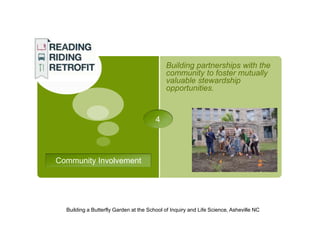 Building partnerships with the
                                            community to foster mutually
                                            valuable stewardship
                                            opportunities.


                                        4




Community Involvement




  Building a Butterfly Garden at the School of Inquiry and Life Science, Asheville NC
 