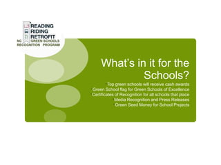 What’s in it for the
               Schools?
        •Top green schools will receive cash awards
•Green School flag for Green Schools of Excellence
•Certificates of Recognition for all schools that place
            •Media Recognition and Press Releases
             •Green Seed Money for School Projects
 