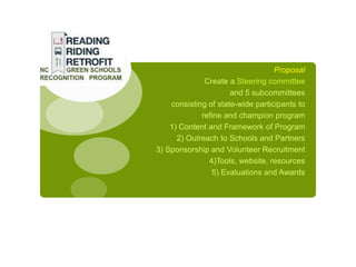 Proposal
              Create a Steering committee
                      and 5 subcommittees
    consisting of state-wide participants to
             refine and champion program
    1) Content and Framework of Program
      2) Outreach to Schools and Partners
3) Sponsorship and Volunteer Recruitment
               4)Tools, website, resources
                5) Evaluations and Awards
 