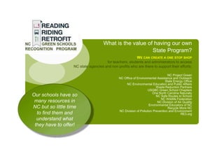 What is the value of having our own
                                                         State Program?
                                                        WE CAN CREATE A ONE STOP SHOP
                                      for teachers, students and administrators to access
                   NC state agencies and non profits who are there to support their efforts:

                                                                                 NC Project Green
                                              NC Office of Environmental Assistance and Outreach
                                                                                State Energy Office
                                                   NC Environmental Education and Public Affairs
                                                                         Waste Reduction Partners
                                                                   USGBC Green School Chapters
                                                                      One North Carolina Naturally
Our schools have so                                                      NC Safe Routes to School
                                                                            NC Wildlife Federation
 many resources in                                                        NC Division of Air Quality
                                                                    Environmental Educators of NC
NC but so little time                                                             Recycle More NC
                                              NC Division of Pollution Prevention and Environment
  to find them and                                                                         RE3.org
  understand what
 they have to offer!
 