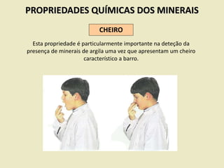 PROPRIEDADES QUÍMICAS DOS MINERAIS
CHEIRO
Esta propriedade é particularmente importante na deteção da
presença de minerais de argila uma vez que apresentam um cheiro
característico a barro.
 