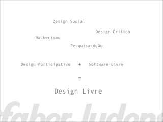 Design Social

                                 Design Crítico
     Hackerismo

                       Pesquisa-Ação



Design Participativo      +   Software Livre


                          =
             Design Livre
 