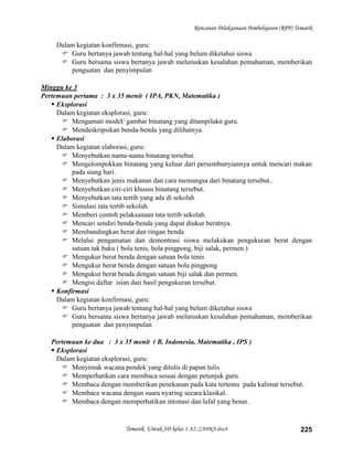 Rencanan Pelaksanaan Pembelajaran (RPP) Tematik

    Dalam kegiatan konfirmasi, guru:
      Guru bertanya jawab tentang hal-hal yang belum diketahui siswa
      Guru bersama siswa bertanya jawab meluruskan kesalahan pemahaman, memberikan
        penguatan dan penyimpulan

Minggu ke 3
Pertemuan pertama : 3 x 35 menit ( IPA, PKN, Matematika )
    Eksplorasi
     Dalam kegiatan eksplorasi, guru:
       Mengamati model/ gambar binatang yang ditampilakn guru.
       Mendeskripsikan benda-benda yang dilihatnya.
    Elaborasi
     Dalam kegiatan elaborasi, guru:
       Menyebutkan nama-nama binatang tersebut.
       Mengelompokkan binatang yang keluar dari persembunyiannya untuk mencari makan
          pada siang hari.
       Menyebutkan jenis makanan dan cara memangsa dari binatang tersebut..
       Menyebutkan ciri-ciri khusus binatang tersebut.
       Menyebutkan tata tertib yang ada di sekolah
       Simulasi tata tertib sekolah.
       Memberi contoh pelaksanaan tata tertib sekolah.
       Mencari sendiri benda-benda yang dapat diukur beratnya.
       Membandingkan berat dan ringan benda
       Melalui pengamatan dan demontrasi siswa melakukan pengukuran berat dengan
          satuan tak baku ( bola tenis, bola pingpong, biji salak, permen.)
       Mengukur berat benda dengan satuan bola tenis
       Mengukur berat benda dengan satuan bola pingpong
       Mengukur berat benda dengan satuan biji salak dan permen.
       Mengisi daftar isian dari hasil pengukuran tersebut.
    Konfirmasi
     Dalam kegiatan konfirmasi, guru:
       Guru bertanya jawab tentang hal-hal yang belum diketahui siswa
       Guru bersama siswa bertanya jawab meluruskan kesalahan pemahaman, memberikan
          penguatan dan penyimpulan

   Pertemuan ke dua : 3 x 35 menit ( B. Indonesia, Matematika , IPS )
    Eksplorasi
     Dalam kegiatan eksplorasi, guru:
       Menyimak wacana pendek yang ditulis di papan tulis.
       Memperhatikan cara membaca sesuai dengan petunjuk guru.
       Membaca dengan memberikan penekanan pada kata tertentu pada kalimat tersebut.
       Membaca wacana dengan suara nyaring secara klasikal.
       Membaca dengan memperhatikan intonasi dan lafal yang benar.


                           Tematik Untuk SD kelas 1 AZ-ZAHRA disc8                             225
 