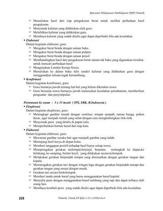 Rencanan Pelaksanaan Pembelajaran (RPP) Tematik

      Menuliskan hasil dari tiap pengukuran berat untuk melihat perbedaan hasil
         pengukuran.
      Menyimak kalimat yang didiktekan oleh guru.
      Melafalkan kalimat yang didiktekan guru.
      Membaca kalimat yang sudah ditulis agar dapat diperbaiki bila ada kesalahan.
   Elaborasi
    Dalam kegiatan elaborasi, guru:
      Mengukur berat benda dengan satuan buku.
      Mengukur berat benda dengan satuan pulpen.
      Mengukur berat benda dengan satuan pensil
      Membandingkan hasil dari pengukuran berat satuan tak baku yang digunakan tersebut,
         untuk mencari perbedaan hasil
      Mengerjakan Lembar Keraja Siswa.
      Menuliskan ke dalam buku tulis sendiri kalimat yang didiktekan guru dengan
         menggunakan tulisan tegak bersambung..
   Konfirmasi
    Dalam kegiatan konfirmasi, guru:
      Guru bertanya jawab tentang hal-hal yang belum diketahui siswa
      Guru bersama siswa bertanya jawab meluruskan kesalahan pemahaman, memberikan
         penguatan dan penyimpulan

  Pertemuan ke enam : 3 x 35 menit ( IPS, SBK, B.Indonesia )
   Eksplorasi
    Dalam kegiatan eksplorasi, guru:
      Melengkapi gambar rumah dengan ventilasi, tempat sampah, taman bunga, pohon
         besar, agar menjadi rumah yang sehat dengan cara menghubungkan titik-titik.
      Menyimak puisi yang ditulis di papan tulis.
      Memperhatikan bentuk huruf dari tiap kata.
   Elaborasi
    Dalam kegiatan elaborasi, guru:
      Mewarnai gambar sesuka hati agar menjadi gambar yang indah.
      Memajang hasil karya di depan kelas.
      Memberi tanggapan positif terhadap hasil karya setiap siswa.
      Memperagakan gerakan melompat,berjinjit, berputar, melangkah ke depan,ke
         belakang, ke samping, berlari kecil, yang dilakukan secara kelompok.
      Melakukan gerakan berpindah tempat yang disesuaikan dengan gerakan tangan dan
         kepala.
      Memeragakan gerakan tari dengan iringan lagu dengan gerakan berpindah temapt dan
         gerakan tangan yang sesuai dengan musik.
      Gerakan tari secara berkelompok.
      Memberi tanda untuk huruf yang harus menggunakan huruf kapital.
      Menyalin puisi dengan menggunakan huruf sambung yang rapi dan dapat terbaca oleh
         orang lain.
      Membaca kembali puisi yang sudah ditulis agar dapat diperbaiki bila ada kesalahan


228                       Tematik Untuk SD kelas 1 AZ-ZAHRA disc8
 