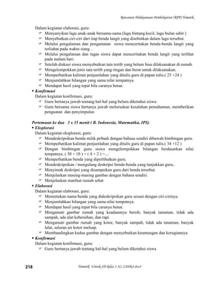 Rencanan Pelaksanaan Pembelajaran (RPP) Tematik

    Dalam kegiatan elaborasi, guru:
      Menyanyikan lagu anak-anak bersama-sama (lagu bintang kecil, lagu bulan sabit )
      Menyebutkan ciri-ciri dari tiap benda langit yang disebutkan dalam lagu tersebut.
      Melalui pengalaman dan pengamatan siswa menceritakan benda-benda langit yang
         terliahat pada waktu siang .
      Melalui pengalaman dan tugas siswa dapat menceritakan benda langit yang terlihat
         pada malam hari.
      Setelah diskusi siswa menyebutkan tata tertib yang belum bisa dilaksanakan di rumah.
      Mengelompokkan jenis tata tertib yang ringan dan berat untuk dilaksanakan.
      Memperhatikan kalimat penjumlahan yang ditulis guru di papan tulis.( 23 +24 )
      Menjumlahkan bilangan yang sama nilai tempatnya.
      Mendapat hasil yang tepat bila caranya benar.
   Konfirmasi
    Dalam kegiatan konfirmasi, guru:
      Guru bertanya jawab tentang hal-hal yang belum diketahui siswa
      Guru bersama siswa bertanya jawab meluruskan kesalahan pemahaman, memberikan
         penguatan dan penyimpulan

  Pertemuan ke dua 3 x 35 menit ( B. Indonesia, Matematika, IPS)
   Eksplorasi
    Dalam kegiatan eksplorasi, guru:
      Mendeskripsikan benda milik pribadi dengan bahasa sendiri dibawah bimbingan guru.
      Memperhatikan kalimat penjumlahan yang ditulis guru di papan tulis.( 34 +12 )
      Dengan bimbingan guru siswa mengelompokkan bilangan berdasarkan nilai
         tempatnya. ( 30 + 10 ) + ( 4 + 2 ) =....
      Memperhatikan benda yang diperlihatkan guru.
      Mendeskripsikan / mengulang deskripsi benda-benda yang tunjukkan guru..
      Menyimak deskripsi yang disampaikan guru dari benda tersebut.
      Menjelaskan masing-masing gambar dengan bahasa sendiri.
      Menjelaskan manfaat rumah sehat
   Elaborasi
    Dalam kegiatan elaborasi, guru:
      Menentukan nama benda yang dideskripsikan guru sesuai dengan ciri-cirinya.
      Menjumlahkan bilangan yang sama nilai tempatnya.
      Mendapat hasil yang tepat bila caranya benar.
      Mengamati gambar rumah yang keadaannya bersih, banyak tanaman, tidak ada
         sampah, ada alat kebersihan, dan rapi.
      Mengamati gambar rumah yang kotor, banyak sampah, tidak ada tanaman, banyak
         lalat, saluran air kotor meluap.
      Membandingkan kedua gambar dengan menyebutkan keuntungan dan kerugiannya.
   Konfirmasi
    Dalam kegiatan konfirmasi, guru:
      Guru bertanya jawab tentang hal-hal yang belum diketahui siswa



218                        Tematik Untuk SD kelas 1 AZ-ZAHRA disc8
 