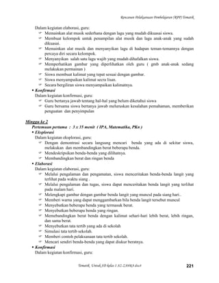 Rencanan Pelaksanaan Pembelajaran (RPP) Tematik

     Dalam kegiatan elaborasi, guru:
       Memainkan alat musik sederhana dengan lagu yang mudah dikuasai siswa.
       Membuat kelompok untuk penampilan alat musik dan lagu anak-anak yang sudah
          dikuasai.
       Memainkan alat musik dan menyanyikan lagu di hadapan teman-temannya dengan
          percaya diri secara kelompok.
       Menyanyikan salah satu lagu wajib yang mudah dihafalkan siswa.
       Memperhatikan gambar yang diperlihatkan oleh guru ( gmb anak-anak sedang
          melakukan permainan )
       Siswa membuat kalimat yang tepat sesuai dengan gambar.
       Siswa menyampaikan kalimat secra lisan.
       Secara bergiliran siswa menyampaikan kalimatnya.
    Konfirmasi
     Dalam kegiatan konfirmasi, guru:
       Guru bertanya jawab tentang hal-hal yang belum diketahui siswa
       Guru bersama siswa bertanya jawab meluruskan kesalahan pemahaman, memberikan
          penguatan dan penyimpulan

Minggu ke 2
   Pertemuan pertama : 3 x 35 menit ( IPA, Matematika, PKn )
    Eksplorasi
     Dalam kegiatan eksplorasi, guru:
       Dengan demontrasi secara langsung mencari benda yang ada di sekitar siswa,
          melakukan dan membandingkan berat beberapa benda.
       Mendeskripsikan benda-benda yang dilihatnya.
       Membandingkan berat dan ringan benda
    Elaborasi
     Dalam kegiatan elaborasi, guru:
       Melalui pengalaman dan pengamatan, siswa menceritakan benda-benda langit yang
          terlihat pada waktu siang .
       Melalui pengalaman dan tugas, siswa dapat menceritakan benda langit yang terlihat
          pada malam hari.
       Melengkapi gambar dengan gambar benda langit yang muncul pada siang hari..
       Memberi warna yang dapat menggambarkan bila benda langit tersebut muncul
       Menyebutkan beberapa benda yang termasuk berat.
       Menyebutkan beberapa benda yang ringan.
       Memebandingkan berat benda dengan kalimat sehari-hari lebih berat, lebih ringan,
          dan sama berat.
       Menyebutkan tata tertib yang ada di sekolah
       Simulasi tata tertib sekolah.
       Memberi contoh pelaksanaan tata tertib sekolah.
       Mencari sendiri benda-benda yang dapat diukur beratnya.
    Konfirmasi
     Dalam kegiatan konfirmasi, guru:


                           Tematik Untuk SD kelas 1 AZ-ZAHRA disc8                             221
 