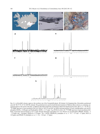 Fig. 14. (a) Kverfjo¨ll volcanic region at the northern tip of the Vatnajoku¨ll glacier, SE Iceland. (b) Gengissig lake, Hveradalur geothermal
area (64° 40.1730
N; 16° 41.1000
W), Iceland. The geothermal site used for hydrothermal treatment of Sikhote-Alin is shown as a steaming, ice-
exposed region to the north of the lake. (c) Sikhote-Alin ﬁeld sample SA1 incubating in ﬂuid from liquid pool #1 (LP1; pH 3.1; T = 93–94 °C).
31
P NMR spectrum of post-incubation SA2 (d), SA4 (e), SA5 (f) and SA1 (g) ﬂuids showing presence of both orthophosphate and and H-
phosphite [H2POÀ
4 ; d 0.08 ppm and H-phosphite, H2POÀ
3 ; d 2.71 ppm; 1
JPH 630 Hz for SA1]. (h) 31
P NMR spectrum of post-incubation SA1
ﬂuid, evaporated and dry-heated to 85 °C under ﬂowing dinitrogen atmosphere for 72 h. Present are pyrophosphite [PPi(III), H2P2O2À
5 ; d
À3.35 ppm and À6.64 ppm], Pi(III)-D [d 2.78 ppm; 1
JPD = 88 Hz], PPi(III)-D2 [multiplets at ca. d À4.7; À5.3 and À5.7 ppm], Pi(V) (d
1.85 ppm) and PPi(III–V) [multiplets at ca. d À2.6; À5.4 and À5.7 ppm].
100 D.E. Bryant et al. / Geochimica et Cosmochimica Acta 109 (2013) 90–112
 