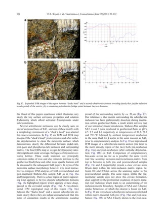 the thrust of this papers conclusion which illustrates very
nicely the key surface corrosion properties and solution
P-chemistry which aﬀord activated P-compounds under
mild conditions.
Several schreibersite inclusions can be clearly seen on
one of sectioned faces of SA1, and one of these motif’s with
a morphology reminiscent of a “duck’s head” was selected
for closer examination. In Fig. 15 are SEM and EDX map
images of the “duck’s head” post-corrosion and after catho-
dic depolarisation to clean the meteoritic surface, which
demonstrates clearly the diﬀerential between nickel-rich,
iron-poor and phosphorus-rich inclusion and surrounding
matrix. The ﬁnal EDX map at oxygen Ka frequency iden-
tiﬁes signiﬁcant oxide coverage, the legacy of its recent cor-
rosive habitat. These oxide materials are principally
corrosion oxides of iron and clay minerals intrinsic to the
geothermal ﬂuid (these and other more speciﬁc features will
be discussed in the subsequent ﬁeld paper). In terms of the
meteoritic surface morphology however, it is most instruc-
tive to compare IFM analyses of both pre-incubated and
post-incubated Sikhote-Alin sample SA1 as in Fig. 16a
and b respectively. There is a clear region of matrix separat-
ing what appears to be two discrete schreibersite domains
(Fig. 16a highlighted region) which appears to have disap-
peared in the corroded sample (Fig. 16a). A two-dimen-
sional IFM topological map of this region (Fig. 16c)
between the “ducks head” and a second schreibersite do-
main clearly shows they are indeed connected and that this
point of connection results in the schreibersite standing
proud of the surrounding matrix by ca. 20 lm (Fig. 17).
Our inference is that matrix surrounding the schreibersite
inclusion has been preferentially dissolved during incuba-
tion within geothermal ﬂuids, a result which mirrors that
of our laboratory-based simulations. Sikhote-Alin samples
SA2, 4 and 5 were incubated in geothermal ﬂuids at pH’s
4.7, 2.5 and 4.0 respectively at temperatures of 89.2, 79.2
and 79.5 °C followed by ambient temperature incubation
in the same ﬂuid for 4 weeks in the same manner as SA1,
prior to complementary analysis. In Fig. 18 are reproduced
IFM images of a schreibersite-matrix section (the latter is
the more smooth region of the two) both pre-incubation
(Fig. 18a) and post-incubation (after cathodic depolarisa-
tion; Fig. 18b) on SA2. Comparison of complementary
line-scans across (as far as is possible) the same vector
(red line scanning inclusion-matrix-inclusion-matrix from
top to bottom) in both pre- and post-incubated samples
(Fig. 18c and d respectively) reveals a clear crevice some
60 lm deep within the inter-inclusion matrix region be-
tween 0.8 and 0.9 mm across the scanning vector in the
post-incubated sample. The same region within the pre-
incubated sample does not show this crevice formation,
clear support for the preferential oxidation of matrix mate-
rial over inclusion which leads to an undermining of the
inclusion-matrix boundary. Samples of SA4 and 5 display
similar behaviour, of which the clearest is found on SA4.
In Fig. 19 are reproduced schreibersite inclusions embedded
within matrix material both pre- (Fig. 19a) and post-incu-
bation (Fig. 19b) of SA4. Clearly shown in the post-incu-
Fig. 17. Expanded IFM images of the region between “ducks head” and a second schreibersite domain revealing clearly that; (a) the inclusion
stands proud of the matrix, (b) a connecting schreibersite bridge exists between the two domains.
106 D.E. Bryant et al. / Geochimica et Cosmochimica Acta 109 (2013) 90–112
 