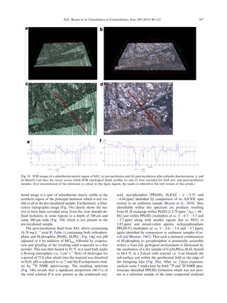 bated image is a spur of schreibersite clearly visible at the
northern region of the principal inclusion which is not vis-
ible at all in the pre-incubated sample. Furthermore, a false-
colour topographic image (Fig. 19e) clearly shows the ma-
trix to have been corroded away from the, now sharply-de-
ﬁned inclusion, in some regions to a depth of 100 lm and
some 300 lm wide (Fig. 19d) which is not present in the
pre-incubated sample.
The post-incubation ﬂuid from SA1 above (containing
16.78 mg LÀ1
total P; Table 1) containing both orthophos-
phate and H-phosphite [Pi(III), H2POÀ
3 ; Fig. 14g] was pH
adjusted to 4 by addition of HClaq, followed by evapora-
tion and grinding of the resulting solid evaporate to a ﬁne
powder. This was then heated to 85 °C in a sand bath under
a ﬂowing atmosphere (ca. 1 cm3
sÀ1
ﬂow) of dinitrogen for
a period of 72 h after which time the material was dissolved
in D2O, pH re-adjusted to ca. 7 and the P-components stud-
ies by 31
P NMR spectroscopy. The resulting spectrum
(Fig. 14h) reveals that a signiﬁcant proportion (40+%) of
the total solution P is now present as the condensed oxy-
acid, pyrophosphite [PPi(III), H2P2O2À
5 ; d À3.35 and
À6.64 ppm] identiﬁed by comparison of its AA0
XX0
spin
system to an authentic sample (Bryant et al., 2010). Also
identiﬁable within this spectrum are products resulting
from H–D exchange within Pi(III) [d 2.78 ppm; 1
JPD = 88 -
Hz] and within PPi(III) [multiplets at ca. d À4.7; À5.3 and
À5.7 ppm] along with smaller signals due to Pi(V) (d
1.85 ppm) and mixed-valent species, isohypophosphate
PPi(III-V) [multiplets at ca. d À2.6; À5.4 and À5.7 ppm],
again identiﬁed by comparison to authentic samples (Car-
roll and Mesmer, 1967). That such a chemical condensation
of H-phosphite to pyrophosphite is potentially accessible
within a bona ﬁde geological environment is illustrated by
the incubation of a dry sample of Ca(H2PO3)2.H2O, heated
to 94.4 °C in a Falcon tube inserted ca. 3 cm beneath the
sub-surface soil within the geothermal ﬁeld at the edge of
the Gengissig lake (Fig. 20a). After ca. 3 days exposure,
analysis some 3 weeks later by both 31
P and 1
H NMR spec-
troscopy identiﬁed PPi(III) formation which was not pres-
ent in a reference sample of the same compound analysed
Fig. 18. IFM images of a schreibersite-matrix region of SA2; (a) pre-incubation and (b) post-incubation after cathodic depolarisation. (c and
d) Identify (red line) the vector across which IFM topological depth proﬁles (e) and (f) were recorded for both pre- and post-incubation
samples. (For interpretation of the references to colour in this ﬁgure legend, the reader is referred to the web version of this article.)
D.E. Bryant et al. / Geochimica et Cosmochimica Acta 109 (2013) 90–112 107
 