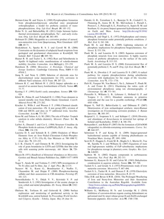 Hermes-Lima M. and Vieyra A. (1989) Pyrophosphate formation
from phospho(enol)pyruvate adsorbed onto precipitated
orthosphosphate: a model for prebiotic catalysis of trans-
phosphorylations. Orig. Life Evol. Biosph. 19, 143–152.
Holm N. G. and Baltscheﬀsky H. (2011) Links between hydro-
thermal environments, pyrophosphate, Na+
, and early evolu-
tion. Orig. Life Evol. Biosph. 41, 483–493.
Holtstam D. (2006) Akagane´ite as a corrosion product of natural,
non-meteoritic iron from Qeqertarsuaq, West Greenland. GFF
128, 69–71.
Hoskuldsson A., Sparks R. S. J. and Carroll M. R. (2006)
Constraints on the dynamics of subglacial basalt eruptions from
geological and geochemical observations at Kverkfjo¨ll, NE
Iceland. Bull. Volcanol. 68, 689–701.
Hunter R. H. and Taylor L. A. (1982) Rust and Schreibersite in
Apollo 16 highland rocks: manifestations of volatile-element
mobility. Geochim. Cosmochim. Acta 16(Suppl.), 253–259.
Hutchison R. (2004) Meteorites: A Petrologic, Chemical and
Isotope Synthesis. Cambridge University Press, ISBN 0 521
47010 2.
Jiang X. and Nesic S. (2009) Selection of electrode area for
electrochemical noise measurements for CO2 corrosion in
diﬀerent NaCl solutions. ECS Trans. 19, 207–221.
Johnson B. C. and Melosh H. J. (2012) Impact spherules as a
record of an ancient heavy bombardment of Earth. Nature 485,
75–77.
Kasting J. F. (1993) Earth’s early atmosphere. Science 259, 920–
926.
Klo¨ck W., Palme H. and Tobsehall H. J. (1986) Trace elements in
natural metallic iron from Disko Island, Greenland. Contrib.
Mineral Petrol. 93, 273–282.
Kracher A., Willis J. and Wasson J. T. (1980) Chemical classiﬁ-
cation of iron meteorites—IX. A new group (IIF), revision of
IAB and IIICD, and data on 57 additional irons. Geochim.
Cosmochim. Acta 44, 773–787.
Kress M. and Tielens A. G. M. (2001) The role of Fischer–Tropsch
catalysis in solar nebula chemistry. Meteorit. Planet. Sci. 36,
75–91.
Larbot A., Durand J. and Cot L. (1984) Structure Cristalline du
Phosphite Acide de calcium, Ca(HPO3H)2 H2O. Z. Anorg. Allg.
Chem. 508, 154–158.
Lauretta D. S. and Schmidt B. E. (2009) Oxidation of Minor
Elements from an Iron–Nickel–Chromium–Cobalt–Phospho-
rus Alloy in 17.3% CO2–H2 Gas Mixtures at 700–1000 °C.
Oxid. Met. 71, 219–235.
Li J. B., Chawla V. and Clemens B. M. (2012) Investigating the
role of grain boundaries in CZTS and CZTSSe thin ﬁlm solar
cells with scanning probe microscopy. Adv. Mater. 24, 720–
723.
Mason B. (1971) Handbook of Elemental Abundances in Meteorites.
Gordon and Breach Science Publishers Inc, ISBN 0 677 14950
6.
Nagai Y., Senda M. and Toshima T. (1987) XPS investigations of
Ni–Fe alloy and Fe ﬁlms. Jap. J. Appl. Phys. 26, L1131.
Nazarov M. A., Kurat G., Brandstaetter F., Ntaﬂos T.,
Chaussidon M. and Hoppe P. (2009) Phosphorus-bearing
sulﬁdes and their associations in CM chondrites. Petrology 17,
101–123.
Nemoshkalenko V. V., Didyk V. V., Krivitskii V. P. and
Senekevich A. I. (1983) Investigation of the atomic charges in
iron, cobalt and nickel phosphides. Zh. Neorg. Khimii 28, 2182–
2192.
O´ lafsson M., Torfason H. and Gro¨nvold K. (2000) Surface
exploration and monitoring of geothermal activity in the
Kverkfjo¨ll area, central Iceland. In Proceedings World Geother-
mal Congress, Kyushu – Tohoku, Japan, May 28–June 10.
Osinski, G. R., Tornabene L. L., Banerjee N. R., Cockell C. S.,
Flemming R., Izawa M. R. M., McCutcheon J., Parnell J.,
Preston L. J., Pickersgill A. E., Pontefract A., Sapers H. M. and
Southam, G. (in press) Impact-generated hydrothermal systems
on Earth and Mars. Icarus. http://dx.doi.org/10.1016/
j.icarus.2012.08.030.
Osterberg R. and Orgel L. E. (1972) Polyphosphate and trimeta-
phosphate formation under potentially prebiotic conditions. J.
Mol. Evol. 1, 241–248.
Pasek M. A. and Block K. (2009) Lightning reduction of
phosphate: implications for phosphorus biogeochemistry. Nat.
Geosci. 2, 553–556.
Pasek M. A. and Lauretta D. S. (2005) Aqueous corrosion of
phosphide minerals from iron meteorites: A highly reactive
source of prebiotic phosphorus on the surface of the early
Earth. Astrobiology 5, 515–535.
Pasek M. A. and Lauretta D. S. (2008) Extraterrestrial ﬂux of
potentially prebiotic C, N, and P. Orig. Life Evol. Biosph. 38, 5–
21.
Pasek M. A., Dworkin J. P. and Lauretta D. S. (2007) A radical
pathway for organic phosphorylation during schreibersite
corrosion with implications for the origin of life. Geochim.
Cosmochim. Acta 71, 1721–1736.
Pech H., Vasquez M., Van Buren J., Xu L., Salmassi T., Pasek M.
A. and Foster K. (2011) Elucidating the redox cycle of
environmental phosphorus using ion chromatography. J.
Chromatogr. Sci. 49, 573–581.
Pizzarello S., Williams L. B., Lehmanc J., Holland G. P. and
Yargera J. L. (2011) Abundant ammonia in primitive
asteroids and the case for a possible exobiology. PNAS 108,
4303–4306.
Re´guer S., Neﬀ D., Bellot-Gurlet L. and Dillmann P. (2007)
Deterioration of iron archaeological artefacts: micro-Raman
investigation on Cl-containing corrosion products. J. Raman
Spectrosc. 38, 389–397.
Reigstad L. J., Jorgensen S. L. and Schleper C. (2010) Diversity
and abundance of Korarchaeota in terrestrial hot springs of
Iceland and Kamchatka. ISME J. 4, 346–356.
Remazeilles C. and Refait P. (2007) On the formation of b-FeOOH
(akagane´ite) in chloride-containing environments. Corros. Sci.
49, 844–857.
Schwenzer S. P. and Kring D. A. (2009) Impact-generated
hydrothermal systems capable of forming phyllosilicates on
Noachian Mars. Geology 37, 1091–1094.
Scott H. P., Huggins S., Frank M. R., Maglio S. J., Martin D., Yue
M., Santilla N. J. and Williams Q. (2007) Equations of state
and high-pressure stability of FeP–schreibersite: implications
for phosphorus storage in planetary cores. Geophys. Res. Lett.
34, L06302.
Sephton M. A. (2002) Organic compounds in carbonaceous
meteorites. Nat. Prod. Rep. 19, 292–311.
Steinman G., Kenyon D. H. and Calvin M. (1965) Dehydration
condensation in aqueous solution. Nature 206, 707–708.
Tackett S. L. and Goudy A. J. (1972) Potentiostatic study of iron
meteorite corrosion. Meteoritics 7, 487–494.
Tackett S. L., Tucker R. A. and Duncan F. R. (1970) Electrolytic
corrosion of iron meteorites. Meteoritics 5, 43–55.
Tilley D.B. and Bevan A.W.R. (2010). The Prolonged Weathering
of Iron and Stony-Iron Meteorites and their Anomalous
Contribution to the Australian Regolith. Available from:
http://www.crcleme.org.au/Pubs/Monographs/regolith98/6-
tilleybevan.pdf.
Williams G., McMurray H. N. and Loveridge M. J. (2010)
Inhibition of corrosion-driven organic coating disbondment on
galvanised steel by smart release group II and Zn(II)-exchanged
bentonite pigments. Electrochim. Acta 55, 1740–1748.
D.E. Bryant et al. / Geochimica et Cosmochimica Acta 109 (2013) 90–112 111
 