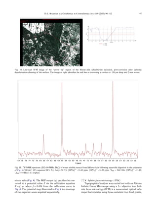 nitrate salts (Fig. 4). The SKP output (u) can then be con-
verted to a potential value E via the calibration equation
E = f. u; where f = 0.456 from the calibration curve in
Fig. 4. The potential map illustrated in Fig. 4 is a montage
of two separate scans acquired sequentially.
2.2.4. Inﬁnite focus microscopy (IFM)
Topographical analysis was carried out with an Alicona
Inﬁnite Focus Microscope using a 5Â objective lens. Inﬁ-
nite focus microscopy (IFM) is a non-contact optical tech-
nique that operates using focus-variation: two focal points,
Fig. 10. Line-scan IFM image of the “arrow tip” region of the Sihote-Alin schreibersite inclusion, post-corrosion after cathodic
depolarisation cleaning of the surface. The image at right identiﬁes the red line as traversing a crevice ca. 150 lm deep and 2 mm across.
Fig. 11. 31
P NMR spectrum (202.456 MHz; D2O) of water soluble extract from Sikhote-Alin following anaerobic digestion in the apparatus
of Fig. 6 (500 cm3
, 10% aqueous HCl; N2; 5 days 50 °C). [HPO4]2À
d 6.63 ppm. [HPO3]2À
d 4.22 ppm; 1
JPH = 566.9 Hz; [DPO3]2À
d 3.89;
1
JPD = 85 Hz (1:1:1 triplet).
D.E. Bryant et al. / Geochimica et Cosmochimica Acta 109 (2013) 90–112 97
 