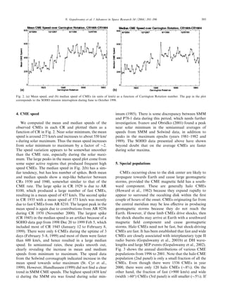 N. Gopalswamy et al. / Advances in Space Research 34 (2004) 391–396                              393




Fig. 2. (a) Mean speed, and (b) median speed of CMEs (in units of km/s) as a function of Carrington Rotation number. The gap in the plot
corresponds to the SOHO mission interruption during June to October 1998.



4. CME speed                                                           imum (1985). There is some discrepancy between SMM
                                                                       and P78-1 data during this period, which needs further
   We computed the mean and median speeds of the                       investigation. Ivanov and Obridko (2001) found a peak
observed CMEs in each CR and plotted them as a                         near solar minimum in the semiannual averages of
function of CR in Fig. 2. Near solar minimum, the mean                 speeds from SMM and Solwind data, in addition to
speed is around 275 km/s and increases to about 550 km/                peaks in the maximum epochs (years 1981–1982 and
s during solar maximum. Thus the mean speed increases                  1989). The SOHO data presented above have shown
from solar minimum to maximum by a factor of 2.                       beyond doubt that on the average CMEs are faster
The speed variation appears to be somewhat smoother                    during solar maxima.
than the CME rate, especially during the solar maxi-
mum. The large peaks in the mean speed plot come from
some super active regions that produced frequent high                  5. Special populations
speed CMEs. The median speed in Fig. 2(b) has a sim-
ilar tendency, but has less number of spikes. Both mean                   CMEs occurring close to the disk center are likely to
and median speeds show a step-like behavior between                    propagate towards Earth and cause large geomagnetic
CRs 1930 and 1940, somewhat similar to that of the                     storms, provided the CME magnetic ﬁeld has a south-
CME rate. The large spike in CR 1929 is due to AR                      ward component. These are generally halo CMEs
8100, which produced a large number of fast CMEs,                      (Howard et al., 1982) because they expand rapidly to
resulting in a mean speed of 437 km/s. The second spike                appear to surround the occulting disk within the ﬁrst
in CR 1935 with a mean speed of 573 km/s was mostly                    couple of hours of the onset. CMEs originating far from
due to fast CMEs from AR 8210. The largest peak in the                 the central meridian may be less eﬀective in producing
mean speed is again due to contributions from AR 9236                  geomagnetic storms because they do not reach the
during CR 1970 (November 2000). The largest spike                      Earth. However, if these limb CMEs drive shocks, then
(CR 1945) in the median speed is an artifact because of a              the shock sheaths may arrive at Earth with a southward
SOHO data gap from 1998 Dec 20 to 1999 Feb 5, which                    magnetic ﬁeld component and cause geomagnetic
included most of CR 1945 (January 12 to February 8,                    storms. Halo CMEs need not be fast, but shock-driving
1999). There were only 6 CMEs during the uptime of 3                   CMEs are fast. It has been established that fast and wide
days (February 5–8, 1999) and most of them were faster                 CMEs are closely associated with interplanetary type II
than 600 km/s, and hence resulted in a large median                    radio bursts (Gopalswamy et al., 2001b) at DH wave-
speed. In semiannual rates, these peaks smooth out,                    lengths and large SEP events (Gopalswamy et al., 2002).
clearly revealing the increase in mean and medium                      Fig. 3 shows the annual distributions of various CME
speeds from minimum to maximum. The speed data                         populations from 1996 to 2001. Note that the halo CME
from the Solwind coronagraph indicated increase in the                 population (2nd panel) is only a small fraction of all the
mean speed towards solar maximum (St. Cyr et al.,                      CMEs. Even though there were 1536 CMEs in year
1999). However, Hundhausen (1999) did not ﬁnd a clear                  2000, there were only 120 halo CMEs (8%). On the
trend in SMM CME speeds. The highest speed (458 km/                    other hand, the fraction of fast (900 km/s) and wide
s) during the SMM era was found during solar min-                      (width 60°) CMEs (3rd panel) is still smaller (5%). If
 