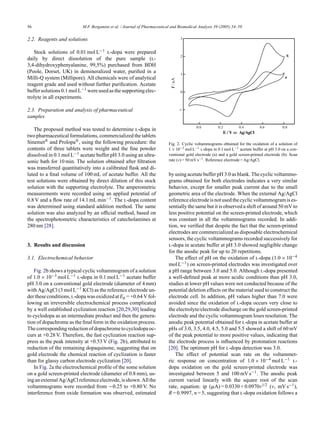 56 M.F. Bergamini et al. / Journal of Pharmaceutical and Biomedical Analysis 39 (2005) 54–59
2.2. Reagents and solutions
Stock solutions of 0.01 mol L−1 l-dopa were prepared
daily by direct dissolution of the pure sample (l-
3,4-dihydroxyphenyalanine, 99,5%) purchased from BDH
(Poole, Dorset, UK) in demineralized water, puriﬁed in a
Milli-Q system (Millipore). All chemicals were of analytical
reagent grade and used without further puriﬁcation. Acetate
buffersolutions0.1 mol L−1 wereusedasthesupportingelec-
trolyte in all experiments.
2.3. Preparation and analysis of pharmaceutical
samples
The proposed method was tested to determine l-dopa in
two pharmaceutical formulations, commercialized the tablets
Sinemet® and Prolopa®, using the following procedure: the
contents of three tablets were weight and the ﬁne powder
dissolved in 0.1 mol L−1 acetate buffer pH 3.0 using an ultra-
sonic bath for 10 min. The solution obtained after ﬁltration
was transferred quantitatively into a calibrated ﬂask and di-
luted to a ﬁnal volume of 100 mL of acetate buffer. All the
test solutions were obtained by direct dilution of this stock
solution with the supporting electrolyte. The amperometric
measurements were recorded using an applied potential of
0.8 V and a ﬂow rate of 14.1 mL min−1. The l-dopa content
was determined using standard addition method. The same
solution was also analyzed by an ofﬁcial method, based on
the spectrophotometric characteristics of catecholamines at
280 nm [28].
3. Results and discussion
3.1. Electrochemical behavior
Fig. 2b shows a typical cyclic voltammogram of a solution
of 1.0 × 10−3 mol L−1 l-dopa in 0.1 mol L−1 acetate buffer
pH 3.0 on a conventional gold electrode (diameter of 4 mm)
with Ag/AgCl (3 mol L−1 KCl) as the reference electrode un-
dertheseconditions,l-dopawasoxidizedatEp = +0.64 Vfol-
lowing an irreversible electrochemical process complicated
by a well established cyclization reaction [20,29,30] leading
to cyclodopa as an intermediate product and then the genera-
tion of dopachrome as the ﬁnal form in the oxidation process.
Thecorrespondingreductionofdopachrometocyclodopaoc-
curs at +0.28 V. Therefore, the fast cyclization reaction sup-
press as the peak intensity at +0.53 V (Fig. 2b), attributed to
reduction of the remaining dopaquinone, suggesting that on
gold electrode the chemical reaction of cyclization is faster
than for glassy carbon electrode cyclization [20].
In Fig. 2a the electrochemical proﬁle of the some solution
on a gold screen-printed electrode (diameter of 0.8 mm), us-
inganexternalAg/AgClreferenceelectrode,isshown.Allthe
voltammograms were recorded from −0.25 to +0.80 V. No
interference from oxide formation was observed, estimated
Fig. 2. Cyclic voltammograms obtained for the oxidation of a solution of
1 × 10−3 mol L−1 l-dopa in 0.1 mol L−1 acetate buffer at pH 3.0 on a con-
ventional gold electrode (a) and a gold screen-printed electrode (b). Scan
rate (ν) = 50 mV s−1. Reference electrode = Ag/AgCl.
by using acetate buffer pH 3.0 as blank. The cyclic voltammo-
grams obtained for both electrodes indicates a very similar
behavior, except for smaller peak current due to the small
geometric area of the electrode. When the external Ag/AgCl
referenceelectrodeisnotusedthecyclicvoltammogramises-
sentially the same but it is observed a shift of around 50 mV to
less positive potential on the screen-printed electrode, which
was constant in all the voltammograms recorded. In addi-
tion, we veriﬁed that despite the fact that the screen-printed
electrodes are commercialized as disposable electrochemical
sensors, the cyclic voltammograms recorded successively for
l-dopa in acetate buffer at pH 3.0 showed negligible change
for the anodic peak for up to 20 repetitions.
The effect of pH on the oxidation of l-dopa (1.0 × 10−4
mol L−1) on screen-printed electrodes was investigated over
a pH range between 3.0 and 5.0. Although l-dopa presented
a well-deﬁned peak at more acidic conditions than pH 3.0,
studies at lower pH values were not conducted because of the
potential deletion effects on the material used to construct the
electrode cell. In addition, pH values higher than 7.0 were
avoided since the oxidation of l-dopa occurs very close to
the electrolyte/electrode discharge on the gold screen-printed
electrode and the cyclic voltammogram loses resolution. The
anodic peak potential obtained for l-dopa in acetate buffer at
pHs of 3.0, 3.5, 4.0, 4.5, 5.0 and 5.5 showed a shift of 60 mV
of the peak potential to more positive values, indicating that
the electrode process is inﬂuenced by protonation reactions
[20]. The optimum pH for l-dopa detection was 3.0.
The effect of potential scan rate on the voltammet-
ric response on concentration of 1.0 × 10−4 mol L−1 l-
dopa oxidation on the gold screen-printed electrode was
investigated between 5 and 100 mV s−1. The anodic peak
current varied linearly with the square root of the scan
rate, equation: ip (␮A) = 0.0330 + 0.0970ν1/2 (ν, mV s−1),
R = 0.9997, n = 5, suggesting that l-dopa oxidation follows a
 