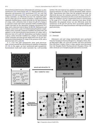 4712 G. Hu et al. / Electrochimica Acta 55 (2010) 4711–4716
electrochemical determination of biomolecules and drugs, e.g. dex-
amethasone [19], triamcinolone [20], 2 ,3 -dideoxyadenosine [21],
adenosine and guanosine [22], paracetamol [23], uric acid [24],
dopamine [25] and inosine [26]. Yan et al. proved that single-wall
carbon nanotubes can effectively decrease the oxidation poten-
tial of L-dopa and can be utilized to prepare a single-wall carbon
nanotube-modiﬁed glassy carbon electrode for the determination
of L-dopa, with a detection limit of about 0.3 ␮M [27]. Xiang et
al. reported a multi-wall carbon nanotubes-Naﬁon modiﬁed glassy
carbon electrode for the adsorption stripping voltammetry of L-
dopa, with a detection limit of about 50 nM [28]. Mathiyarasu and
Nyholm constructed a poly-(3,4-ethylenedioxythiophene)-single-
walled carbon nanotube composite-modiﬁed microelectrode and
applied it to the electrochemical determination of L-dopa, with a
detection limit of 0.1 ␮M [29]. Shahrokhian and Asadian reported
a glassy carbon electrode modiﬁed by a bilayer of multi-walled
carbon nanotube and poly-pyrrole doped with tiron for the elec-
trochemical determination of L-dopa in the presence of AA, with a
detection limit of 0.1 ␮M [30].
It is a fact that gold nanoparticles show good electrocat-
alytic activity towards the electrochemical oxidation of dopamine
[31–33]. In this paper, we have synthesized gold nanoparticle-
functionalized multi-wall carbon nanotubes by a self-assembly
method. The new material was applied to investigate the electro-
chemical behavior of L-dopa in neutral phosphate buffer solution
(PBS). Experimental data show that the proposed electrode can
effectively decrease the oxidation potential of L-dopa. Using the
differential pulse voltammetry for the accurate determination of L-
dopa, the oxidation current is proportional with its concentration
in the range of 0.1–150 ␮M, with a detection limit about 50 nM.
Meanwhile, the proposed sensor can also effectively avoid the
interference of AA and UA and has been successfully applied to
the determination of L-dopa formulations with high sensitivity and
good selectivity.
2. Experimental
2.1. Chemicals
Chloroauric acid and L-dopa hydrochloride were purchased
from the Sinopharm Chemical Reagent Co. (Shanghai, China). Ben-
zyl Mercaptan (BM), uric acid and ascorbic acid were purchased
from Alfa-Aesar (Tianjin, China). L-dopa capsules were purchased
from the Shanghai Roche Pharmaceuticals (Shanghai, China). All
other chemicals are of analytical grade and used as received.
Fig. 1. Preparation scheme of AuNP-CNTs.
 