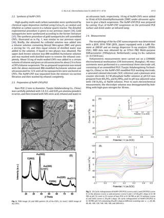 G. Hu et al. / Electrochimica Acta 55 (2010) 4711–4716 4713
2.2. Synthesis of AuNP-CNTs
High-quality multi-wall carbon nanotubes were synthesized by
chemical vapor deposition method using Co/La2O3 as catalyst and
ethylene as carbon source in a tubular quartz reactor. The detailed
experimental procedure is given in our previous report [34]. Gold
nanoparticles were synthesized according to the former literature
[35]. The synthesis procedure of gold nanoparticles self-assembled
CNTs, illustrated as in Fig. 1, was similar to our previous report
[36]. Brieﬂy, the obtained Au colloidal solution was added into
a toluene solution containing Benzyl Mercaptan (BM) and given
a stirring for 1 h, and then equal volume of distilled water was
added to the solution. A liquid in two phases was obtained. The
upper dark brown solution was BM-modiﬁed Au/toluene solution
and was washed with distilled water to remove the ethanol com-
pletely. About 33 mg of multi-walled CNTs was added to a certain
volume of toluene and given an ultrasonication for about 2 h to form
a CNTs/toluene suspension. The as-prepared suspension was mixed
with the above-mentioned BM-modiﬁed Au/toluene solution and
ultrasonicated for 12 h until all Au nanoparticles were anchored on
CNTs. The AuNP-CNT was separated from the mixture via suction
ﬁltration and then washed by ethanol completely.
2.3. Preparation of AuNP-CNTs/PGE
Bare PGE (2 mm in diameter, Tianjin Aidahensheng Co., China)
was carefully polished with 1.0, 0.3, and 0.05 ␮m alumina powders
in series, and then treated with 50% nitric acid, ethanol and water in
Fig. 2. TEM image (A) and XRD pattern (B) of Au-CNTs. (A, inset): SAED image of
Au-CNTs.
an ultrasonic bath, respectively. 10 mg of AuNP-CNTs were added
to 10 mL of N,N-dimethylformamide (DMF) under ultrasonic agita-
tion to give a black suspension. The AuNP-CNT/PGE was prepared
by casting 10 ␮L of AuNP-CNT suspension on the pretreated PGE
surface and dried under an infrared lamp.
2.4. Measurements
The morphology of the Au-CNT nanocomposite was determined
with a JEOL 2010 TEM (JEOL, Japan) equipped with a LaB6 ﬁla-
ment at 200 kV and an energy dispersive X-ray analyzer (EDAX,
USA). XRD data was obtained by an X’Pert PRO Multi-purpose
Diffractometer (PANalytical, Netherlands) using Cu K␣ radiation
(k = 0.15418 nm).
Voltammetric measurements were carried out on a CHI660C
electrochemical workstation (CHI Instrument, Shanghai). All mea-
surements were performed in a conventional three-electrode cell,
consisting of an unmodiﬁed PGE (Tianjin Aidahengsheng Technol-
ogy Co., China) or the AuNP-CNT-modiﬁed PGE working electrode,
a saturated calomel electrode (SCE) reference and a platinum wire
counter electrode. 0.1 M phosphate buffer solution at pH 6.9 was
prepared from KH2PO4 and K2HPO4 and its pH was adjusted value
with 1 M H2SO4 or NaOH solution. Prior to each electrochemical
measurement, the electrolyte solution was deoxygenated by bub-
bling with high-pure nitrogen for 30 min.
Fig. 3. (A) Cyclic voltagramms of AuNP-CNT/PGE (curve a and c) and CNT/PGE (curve
b) in the absence (curve a) and presence (curve b and c) of 20 ␮M L-dopa in 0.1 M
PBS at pH 7.0, inset is CV curves of bare PGE in 0.1 M PBS at pH 7.0 without (curve
d) and with (curve e) 20 ␮M L-dopa; (B) cyclic voltagramms of AuNP-CNT/PGE in
0.1 M PBS (pH 7.0) containing 20 ␮M L-dopa at different scanning rate: a → j, 20, 40,
60, 80, 100, 120, 140, 160, 180, and 200 mV/s.
 