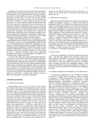 E. Seebach et al. / Acta Biomaterialia 10 (2014) 4730–4741 4731 
According to the concept of stem cell-based bone regeneration, 
implanted MSCs contribute physically to the repair tissue by gen-erating 
new bone tissue, as has been reported in ectopic implanta-tion 
models in immune-deficient mice in which fibrin hydrogel 
formed part of the carrier [18,19]. The role and fate of MSCs 
implanted into a bone defect is, however, unclear and long-term 
persistence, especially in immune competent animals, has been 
discussed [20–22]. Fast attraction of a large number of diverse host 
cells to the defect site, acceleration of new vessel formation and 
modulation of the early inflammatory reaction may be important 
trophic roles of MSCs in stimulation of bone healing which should 
be supported by the carrier used for implantation. In an orthotopic 
setting, these mechanisms are potentially more important for 
improved bone regeneration than enhancing the number of local 
bone-forming cells by implantation of additional osteogenic pro-genitors. 
Whether fibrin hydrogel is an attractive carrier for MSC 
implantation in this respect remains to be determined. 
A highly potent MSC population has to be produced in a stan-dardized 
fashion from each donor to allow optimal healing results 
in the patient. In view of the changing paradigm of MSC function 
[23], the therapeutically most potent MSC subpopulations may, 
however, be characterized by pronounced trophic and/or immuno-modulatory 
features displayed in the early callus instead of a high 
osteogenic differentiation capacity. Thus, it is essential to better 
understand relevant actions of MSC composites in a bone defect 
in order to optimize MSC-based bone tissue engineering 
approaches and to design an optimal application strategy for clin-ical 
regeneration of large bone defects. 
The aim of this study was to assess whether fibrin hydrogel is 
an attractive carrier for MSC implantation supporting early bone 
regeneration with regard to host cell attraction, angiogenesis, 
immunomodulation and physical contribution of implanted MSCs 
to newly formed bone tissue. In order to follow up implanted MSCs 
without extra manipulation by a labelling reaction, our approach 
was to implant sex-mismatched MSCs in a fibrin hydrogel into a 
long bone defect in rats. Callus was removed from female recipi-ents 
at distinct time points after surgery and analyzed for host cell 
recruitment, the presence of inflammatory cytokines and the per-sistence 
of male MSCs to pinpoint the dominant actions of 
fibrin–MSC composites in early bone regeneration. 
2. Materials and methods 
2.1. Animals and study design 
Sprague–Dawley rats (n = 46; 17–23 weeks of age, Charles 
River, Sulzfeld, Germany) were included in the animal study. The 
hind limbs in the growing rat are skeletally mature at around 
15 weeks of age [24]. The experimental protocol was approved 
by the local animal experimental ethics committee and all proce-dures 
were performed according to the European Laboratory Ani-mal 
Science Guidelines. Male rats were used for MSC donation 
and female rats served as MSC recipients. A total of 43 animals 
received a non-critical 2 mm bone defect in the right femur. Two 
experimental groups were defined. Rats of group 1 received an 
empty fibrin clot and served as controls (n = 20), while rats of 
group 2 were treated with 1  106 MSCs in a fibrin clot (n = 23). 
Animals were killed 3, 6, 14 or 28 days after surgery. Histological 
evaluation of callus was performed at day 6 (five animals per 
group). Gene expression analysis and detection of the sex-deter-mining 
region of Y-Gen (SRY)-specific DNA were assessed in the 
same sample at days 3 and 6 from the callus of five animals per 
condition. Visualization of new bone formation by micro-com-puted 
tomography (lCT) and SRY-DNA detection was done on 
the same animals with n = 3 animals for the cell-free and n = 4 
animals for the MSC-treated group at day 14, and with n = 2 
animals for the cell-free and n = 4 animals for the MSC-treated 
group at day 28. 
2.2. MSC isolation and expansion 
MSCs were isolated from bone marrow of three male rats using a 
modified centrifugation method [25]. Animals were killed by 
asphyxiation with CO2 and MSCs were extracted from tibiae and 
femora by centrifugation at 750g for 2 min. All cells were pooled, 
washed with phosphate-buffered saline (PBS) and seeded into 
0.1% gelatin-coated flasks in a high-glucose Dulbecco’s modified 
Eagle’s medium (DMEM) containing 12.5% fetal calf serum (FCS), 
2mM L-glutamine, 1% non-essential amino acids, 0.1% 2-mercap-toethanol 
(Invitrogen, Karlsruhe, Germany), 100 U ml–1 penicillin, 
100 lgml–1 streptomycin (Biochrom, Berlin, Germany) and 
4 ngml–1 recombinant human fibroblast growth factor-2 (Active 
Bioscience, Hamburg, Germany) at a density of 1.25  105 
cells cm–2. After 5 days under standard culturing conditions (37 C 
and 6% CO2) non-adherent cells were removed by washing. Medium 
was changed every 2 days and cells were split at 80% confluency and 
replated at a density of 4–6  103 cells cm–2. All cells were frozen 
in passage 1 in liquid nitrogen and recultivated at a density of 
6  103 cells cm–2 3 days before implantation. 
2.3. Flow cytometry 
At the time of implantation cells were harvested with trypsin 
and 1  105 cells were labelled with anti-CD45 (1:250), anti- 
CD68 (1:100), anti-CD90-FITC (1:25; Abcam, Cambridge, UK) and 
anti-CD106-PE (1:50; BD, Heidelberg, Germany) antibodies, 
respectively. For CD45 and CD68 staining cells were incubated 
with a secondary anti-mouse FITC-conjugated antibody (1:100; 
Jackson ImmunoResearch Laboratories, Suffolk, UK). Surface mar-ker 
positive cells were quantified in a FACSCalibur (BD, Heidelberg, 
Germany). 
2.4. Osteogenic, adipogenic and chondrogenic in vitro differentiation 
For osteogenesis, quadruplicates of 3.5  104 MSCs were seeded 
per well of a 24-well plate in osteogenic medium consisting 
of high-glucose DMEM supplemented with 10% FCS, 0.1 lM 
dexamethasone, 0.17 mM ascorbic acid 2-phosphate, 10 mM 
b-glycero-phosphate (Sigma-Aldrich, Taufkirchen, Germany), 
100 U ml–1 penicillin and 100 lgml–1 streptomycin. At days 1, 7 
and 14 the alkaline phosphatase (ALP) enzyme activity of cell 
lysate was measured as described previously [18]. For adipogenic 
differentiation cells were seeded in duplicates at 3.5  104 cells 
per well of a 24-well plate in high-glucose DMEM supplemented 
with 10% FCS, 0.01 lM dexamethasone, 5 lgml–1 insulin (Sanofi- 
Aventis, Frankfurt, Germany), 100 U ml–1 penicillin and 
100 lgml–1 streptomycin [26]. Formation of lipid droplets was 
evaluated by Oil Red O staining (Chroma, Münster, Germany) after 
fixing the cells in 4% paraformaldehyde (PFA, Merck, Darmstadt, 
Germany). Chondrogenesis was performed with 5  105 cells in a 
3D pellet-culture in high-glucose DMEM supplemented with 
5 lgml–1 transferrin, 5 ng ml–1 sodium selenite, 0.1 lMdexameth-asone, 
0.17 mM ascorbic acid 2-phosphate, 1 mM sodium pyru-vate, 
0.35 mM proline, 1.25 mg ml–1 BSA (Sigma-Aldrich, 
Taufkirchen, Germany), 100 U ml–1 penicillin, 100 lg ml–1 strepto-mycin, 
5 lgml–1 insulin and 10 ng ml–1 transforming growth fac-tor- 
beta 3 (TGFb-3; Miltenyi Biotec GmbH, Bergisch Gladbach, 
Germany). Differentiation was evaluated on day 14 by Safranin O 
staining (Chroma, Münster, Germany) for proteoglycan deposition 
and collagen type II immunohistochemistry as described previ-ously 
[27]. 
 