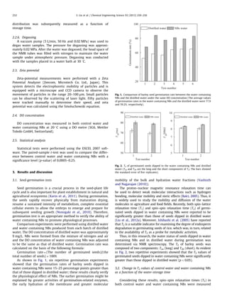 distribution was subsequently measured as a function of
storage time.
2.2.6. Degassing
A vacuum pump (5 L/min, 50 Hz and 0.02 MPa) was used to
degas water samples. The pressure for degassing was approxi-
mately 0.02 MPa. After the water was degassed, the head space of
the NMR tubes was ﬁlled with nitrogen to maintain the water
sample under atmospheric pressure. Degassing was conducted
with the samples placed in a water bath at 30 1C.
2.3. Zeta potential
Zeta-potential measurements were performed with a Zeta
Potential Analyzer (Zeecom, Microtech Co. Ltd., Japan). This
system detects the electrophoretic mobility of particles and is
equipped with a microscope and CCD camera to observe the
movement of particles in the range 20–100 mm. Small particles
can be observed by the scattering of laser light. Fifty particles
were tracked manually to determine their speed, and zeta
potential was calculated using the Smoluchowski equation.
2.4. DO concentration
DO concentration was measured in both control water and
water containing NBs at 20 1C using a DO metre (SG6, Mettler
Toledo GmbH, Switzerland).
2.5. Statistical analysis
Statistical tests were performed using the EXCEL 2007 soft-
ware. The paired-sample t-test was used to compare the differ-
ence between control water and water containing NBs with a
signiﬁcance level (p-value) of 0.0005–0.25.
3. Results and discussion
3.1. Seed-germination tests
Seed germination is a crucial process in the seed-plant life
cycle and is also important for plant establishment in natural and
agricultural ecosystems (Karin et al., 2011). During germination,
the seeds rapidly recover physically from maturation drying,
resume a sustained intensity of metabolism, complete essential
cellular events to allow the embryo to emerge and prepare for
subsequent seeding growth (Nonogaki et al., 2010). Therefore,
germination test is an appropriate method to verify the ability of
water containing NBs to promote physiological processes.
Comparison experiments were performed using distilled water
and water containing NBs produced from each batch of distilled
water. The DO concentration of distilled water was approximately
9 mg/L. NBs were formed from the mixture of nitrogen and air
and the DO concentration of water containing NBs was adjusted
to be the same as that of distilled water. Germination rate was
calculated on the basis of the following formula:
Germination rate¼(The number of germinated seeds)/(the
total number of seeds) Â 100%
As shown in Fig. 1, six repetitive germination experiments
showed that the germination rates of barley seeds dipped in
water containing NBs were 15–25 percentage points greater than
that of those dipped in distilled water; these results clearly verify
the physiological effect of NBs. The earlier germination might be
explained by greater activities of germination-related enzymes,
the early hydration of the membrane and greater molecular
mobility of the bulk and hydration water fractions (Vashisth
and Nagarajan (2010)).
The proton–nuclear magnetic resonance relaxation time can
be used to detect weak molecular interactions such as hydrogen
bonding, molecular mobility and steric effects (Balci, 2005). Thus, it
is widely used to study the mobility and diffusion of the water
molecules in agriculture and food ﬁelds. Recently, both spin–lattice
relaxation time (T1) and spin–spin relaxation time (T2) of germi-
nated seeds dipped in water containing NBs were reported to be
signiﬁcantly greater than those of seeds dipped in distilled water
(Liu et al., 2012a). Moreover, Ishibashi et al. (2005) have reported
that T2 is a suitable indicator for examining the degree of endosperm
degradation in germinating seeds of rice, which was, in turn, related
to the availability of T2 as a probe for metabolic activities.
Thus, in this research, the water status of seeds dipped in water
containing NBs and in distilled water during germination was
determined via NMR spectroscopy. The T2 of barley seeds was
composed of two components: T2a (long) and T2b (short). As evident
in Fig. 2, two repetitive experiments showed that the T2 values of
germinated seeds dipped in water containing NBs were signiﬁcantly
greater than those dipped in distilled water (po0.05).
3.2. Change in T2 values of control water and water containing NBs
as a function of the water-storage time
Considering these results, spin–spin relaxation times (T2) in
both control water and water containing NBs were measured
1 2 3 4 5 6
20
40
60
80
100
Germinationrate(%)
Test number
Distilled water NBs water
Fig. 1. Comparison of barley seed germination rate between the water containing
NBs and the distilled water under the same DO concentration (The average values
of germination rates in the water containing NBs and the distilled water were 77.9
and 59.2%, respectively).
50
60
70
80
90
Test number
1 2 1 2
5
6
7
8
9
10
Distilled water NBs water Distilled water NBs water
Test number
Fig. 2. T2 of germinated seeds dipped in the water containing NBs and distilled
water (T2a and T2b are the long and the short components of T2; The bars showed
the standard error of ﬁve replicates).
S. Liu et al. / Chemical Engineering Science 93 (2013) 250–256252
 