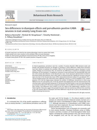 Behavioural Brain Research 270 (2014) 68–74
Contents lists available at ScienceDirect
Behavioural Brain Research
journal homepage: www.elsevier.com/locate/bbr
Research report
Sex differences in diazepam effects and parvalbumin-positive GABA
neurons in trait anxiety Long Evans rats
Rebecca Ravenellea
, Nichole M. Neugebauerb
, Timothy Niedzielakc
,
S. Tiffany Donaldsonc,∗
a
Department of Biological Sciences, Fordham University, Rose Hill Campus, Bronx, NY 10458, USA
b
Department of Psychiatry and Behavioral Sciences, Northwestern University, Feinberg School of Medicine, 303 E Chicago Avenue, #12-104, Chicago,
IL 60611, USA
c
Developmental and Brain Sciences, Department of Psychology, University of Massachusetts Boston, 100 Morrissey Boulevard, Boston, MA 02125, USA
h i g h l i g h t s
• Female Long Evans rats bred for low anxiety phenotypes show less anxiety than males.
• Male animals were more sensitive to the anxiolytic effects of acute diazepam.
• Male rats show greater parvalbumin immunoreactivity (PV-IR) in the central amygdala.
• Females show greater PV-IR in the caudate putamen compared to males.
a r t i c l e i n f o
Article history:
Received 4 January 2014
Received in revised form 25 April 2014
Accepted 28 April 2014
Available online 6 May 2014
Keywords:
Anxiety
GABA
Diazepam
Elevated plus maze
Striatum
Amygdala
a b s t r a c t
In clinical populations, prevalence rates for a number of anxiety disorders differ between males and
females and gonadal hormones are thought to contribute to these differences. While these hormones
have been shown to modulate the anxiolytic effects of the benzodiazepine agonist diazepam in some
models, ﬁndings are inconsistent. Here, we tested for sex differences in response to anxiogenic stimuli
following a 30-min diazepam (1.0 mg/kg) pre-treatment in male and female rats showing high (HAn) and
low (LAn) anxiety-like behavior on the elevated plus maze. Acute diazepam administration resulted in
decreased anxiety-like behavior only in HAn males as demonstrated by a signiﬁcant increase in percent
open arm time in the elevated plus maze (EPM). Immunohistochemical analysis for parvalbumin (PV; a
calcium-binding protein that selectively stains GABAergic neurons) in central amygdala (CeA), caudate
putamen (CPu) and the hippocampus indicated the number of GABAergic interneurons in these areas
differed across sex and anxiety trait. In the CPu, females had signiﬁcantly more PV-immunoreactive (IR)
cells than males, and LAn females had greater PV-IR neurons than HAn females. In the CeA, males displayed
an increased number of PV-IR neurons compared to females, with no differences found between LAn and
HAn. Further, trait differences were evident in the CA2 region of the hippocampus, regardless of sex.
Taken together, these data suggest that gonadal hormones and trait anxiety may inﬂuence the sensitivity
to the anti-anxiety effects of diazepam and these differences may be due in part to the distribution of
GABA-containing interneurons.
© 2014 Elsevier B.V. All rights reserved.
1. Introduction
It is estimated that 15% of the world’s population is suffering
from an anxiety disorder [1] with lifetime prevalence rates at 19%
Abbreviations: HAn, high anxiety; LAn, low anxiety; DZ, diazepam; EPM, elevated
plus maze; CeA, central amygdala; PV, parvalbumin; IR, immunoreactivity.
∗ Corresponding author. Tel.: +1 617 287 6249; fax: +1 617 287 6336.
E-mail addresses: Tiffany.Donaldson@umb.edu,
Donaldson@gmail.com (S.T. Donaldson).
for males and 31% for females [2]. Pre-clinical models in which
animals are selectively bred for enhanced anxiety reactions are a
helpful tool used in neurobiological studies of anxiety-like traits
[3,4]. Although alterations in ␥-aminobutyric acid (GABA) trans-
mission have been implicated, the exact mechanisms underlying
anxiety disorders remain elusive [5].
Classic benzodiazepines such as diazepam are commonly used
to treat anxiety disorders. Diazepam facilitates action at GABAA
receptors and these receptors are found throughout limbic brain
regions, including the caudate putamen (CPu), the central nucleus
of the amygdala (CeA) and the CA1 and CA2 regions of the
http://dx.doi.org/10.1016/j.bbr.2014.04.048
0166-4328/© 2014 Elsevier B.V. All rights reserved.
 
