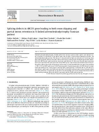 Neuroscience Research 97 (2015) 7–12
Contents lists available at ScienceDirect
Neuroscience Research
journal homepage: www.elsevier.com/locate/neures
Splicing defects in ABCD1 gene leading to both exon skipping and
partial intron retention in X-linked adrenoleukodystrophy Tunisian
patient
Fakhri Kallabia,∗
, Ikhlass Hadj Salema
, Amel Ben Chehidab
, Ghada Ben Salaha
,
Hadhami Ben Turkiab
, Neji Tebibb
, Leila Keskesa
, Hassen Kamouna,c
a
Laboratoire de Génétique Moléculaire Humaine, Faculté de Médecine de Sfax, Université de Sfax, Tunisia
b
Service de Pédiatrie, Hôpital La Rabta de Tunis, Tunisia
c
Service de Génétique Médicale, Hôpital Hédi Chaker Sfax, Tunisia
a r t i c l e i n f o
Article history:
Received 10 December 2014
Received in revised form 12 March 2015
Accepted 16 March 2015
Available online 31 March 2015
Keywords:
ABCD1 gene
Adrenal insufﬁciency
X-ALD
mRNA splicing
Exon skipping
Intron retention
a b s t r a c t
X-linked adrenoleukodystrophy (X-ALD) affects the nervous system white matter and adrenal cor-
tex secondary to mutations in the ABCD1 gene that encodes a peroxisomal membrane protein: the
adrenoleukodystrophy protein. The disease is characterized by high concentrations of very long-chain
fatty acids in plasma, adrenal, testicular and nervous tissues. Various types of mutations have been identi-
ﬁed in the ABCD1 gene: point mutations, insertions, and deletions. To date, more than 40 point mutations
have been reported at the splice junctions of the ABCD1 gene; only few functional studies have been per-
formed to explore these types of mutations. In this study, we have identiﬁed de novo splice site mutation
c.1780 + 2T>G in ABCD1 gene in an X-ALD Tunisian patient. Sequencing analysis of cDNA showed a minor
transcript lacking exon 7 and a major transcript with a partial intron 7 retention due to activation of a
new intronic cryptic splice site. Both outcomes lead to frameshifts with premature stop codon generation
in exon 8 and intron 7 respectively. To the best of our knowledge, the current study demonstrates that a
single splicing mutation affects the ABCD1 transcripts and the ALDP protein function.
© 2015 Elsevier Ireland Ltd and the Japan Neuroscience Society. All rights reserved.
1. Introduction
X-linked adrenoleukodystrophy (X-ALD; OMIM # 300100) is
one of the most frequent monogenic inherited peroxisomal neu-
rodegenerative disorders. It affects the cerebral white matter,
peripheral nerves, adrenal cortex and testis (Moser et al., 2002).
It is a serious and progressive genetic disorder characterized by
abnormal accumulation of saturated very long chain fatty acids
(VLCFA) in body ﬂuids and affected tissues, most notably in the
brain and adrenal cortex due to an impaired ␤-oxidation in per-
oxisomes (Moser et al., 2002; Bezman et al., 2001; Ferrer et al.,
2010; Valianpour et al., 2003). Affected individuals may present
with seven different clinical forms that are classiﬁed according to
phenotypic expression and age at initial symptoms. Most frequent
clinical phenotypes, accounting for 70–80% of the patients, include
∗ Corresponding author at: Laboratoire de Génétique Moléculaire Humaine,
Faculté de Médecine de Sfax, Avenue Magida Boulila, 3029 Sfax, Tunisia.
Tel.: +216 74 24 18 88x159; fax: +216 74 46 14 03.
E-mail address: fakhrikallabi@yahoo.fr (F. Kallabi).
severe progressive, inﬂammatory, demyelinating childhood cere-
bral form (ccALD) and slowly progressive, noninﬂammatory, adult
adrenomyeloneuropathy (AMN) affecting mainly peripheral nerves
and spinal cord (Van Geel et al., 1997; Jardim et al., 2010; Kemp
et al., 2001). Other less frequently occurring phenotypes include
adolescent cerebral (AdolCALD), adult cerebral (acALD), olivopon-
tocerebellar, addison-only and asymptomatic patients (Kemp et al.,
2001). The biochemical diagnosis of X-ALD patients and carriers is
based on the elevated levels of C24:0 and C26:0 in plasma. However,
in 0.1% of affected males, the plasma C26:0 level is at borderline of
the healthy subjects and 15% of female heterozygotes have nor-
mal levels of VLCFA (Valianpour et al., 2003; Moser et al., 1999;
Igarashi et al., 1976). The diagnosis of X-ALD is based on the clini-
cal manifestation, the cerebral magnetic resonance imaging (MRI),
the elevated levels of: C24:0 and C26:0 and the ratios: C24:0/C22:0
and C26:0/C22:0 but the molecular analysis is the only effective
and reliable method to unambiguous determination of the genetic
status of X-ALD patients (Moser et al., 2007).
X-ALD occurs due to alterations in the ATP-binding cassette,
subfamily D, member 1 (ABCD1) gene localized at Xq28 encoding
the adrenoleukodystrophy protein (ALDP) (Boehm et al., 1999). If
http://dx.doi.org/10.1016/j.neures.2015.03.005
0168-0102/© 2015 Elsevier Ireland Ltd and the Japan Neuroscience Society. All rights reserved.
 