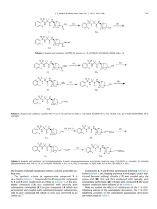 the location of phenyl ring residue within a solvent accessible sur-
face area.
The synthetic scheme of representative compound 3 is
described in Scheme 1. Compounds 1 to 11 except for compounds
5, 7 and 8 were synthesized according to Scheme 1. A Boc-pro-
tected aminoacid (12) was condensed with optically pure
adamantane carboxylate (13) to give compound 14, which was
deprotected and coupled with substituted benzene sulfonyl chlo-
ride to give compound 16, which in turn was converted to an
amide (3).10
Compounds 5, 7 and 8 were synthesized following Scheme 2.
Unlike Scheme 1, the coupling sequence was changed, so that sub-
stituted benzene sulfonyl chloride (17) was coupled with the
amino acid (18) ﬁrst and then condensed with optically pure
adamantane carboxylate (20) to ﬁnally give compound 8. The same
reaction conditions were followed as in Scheme 1.
Next we studied the effects of substituents on the 11b-HSD1
inhibitory activity of the adamantane derivatives. The 11b-HSD1
inhibitory activities of the substituted adamantane derivatives
are summarized in Table 5.
H
N
N
H
S
O
NH2
O
O O
CN
H
N
N
H
S
O
O O
(a) (b)
H
N
N
H
S
O
O O
NHOH
NH
F
F
F
3 21b
21f
Scheme 4. Reagents and conditions: (a) TFAA, Py, dioxane, rt, 5 h; (b) NH2OH HCl, NaHCO3, MeOH, reﬂux, 4 h.
H
N
N
H
S
O
OMe
O
O O
(a)
H
N
N
H
S
O
OH
O O
(b)
H
N
N
H
S
O
OTs
O O
(c)
H
N
N
H
S
O
CN
O O
(d)
H
N
N
H
S
O
CONH2
O O
F F
F
F
F
16 21c
22 21e
21g
Scheme 5. Reagents and conditions: (a) LAH, THF, 0 °C to rt, 1 h; (b) TsCl, Py, DCM, rt, 12 h; NaCN, KI, DMSO, 90 °C, 24 h; (d) 30% H2O2, 0.2 N NaOH, MeOH/DMSO, 50 °C,
overnight.
H
N
N
H
S
O
OH
O O
(a), (b), (c)
(e)
H
N
N
H
S
O
O O
(d)
CO2H
H
N
N
H
S
O
O O
CO2H
H
N
N
H
S
O
O O
CONH2
F F
F
F
21c 23
24 21h
Scheme 6. Reagents and conditions: (a) N-methylmorpholine N-oxide, tetrapropylammonium perruthenate, molecular sieve, ClCH2CH2Cl, rt, overnight; (b) trimethyl
phosphonoacetate, NaH, THF, rt, 5 h; (c) 2 N NaOH, THF/EtOH, rt, 5 h; (d) H2, Pd/C, rt, overnight; (e) EDCI, HOBt, 35% aq NH3, TEA, CH3CN, rt, 20 h.
S. P. Hong et al. / Bioorg. Med. Chem. Lett. 25 (2015) 3501–3506 3505
 
