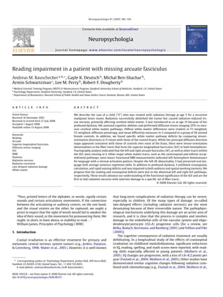 Neuropsychologia 47 (2009) 180–194
Contents lists available at ScienceDirect
Neuropsychologia
journal homepage: www.elsevier.com/locate/neuropsychologia
Reading impairment in a patient with missing arcuate fasciculus
Andreas M. Rauscheckera,b,∗
, Gayle K. Deutschb
, Michal Ben-Shacharb
,
Armin Schwartzmanc
, Lee M. Perryb
, Robert F. Doughertyb
a
Medical Scientist Training Program (MSTP) & Neurosciences Program, Stanford University School of Medicine, Stanford, CA, United States
b
Psychology Department, Stanford University, Stanford, CA, United States
c
Department of Biostatistics, Harvard School of Public Health and Dana-Farber Cancer Institute, Boston, MA, United States
a r t i c l e i n f o
Article history:
Received 16 December 2007
Received in revised form 27 July 2008
Accepted 1 August 2008
Available online 15 August 2008
Keywords:
Reading
Arcuate
Superior longitudinal fasciculus
Diffusion tensor imaging
DTI
fMRI
Dyslexia
Radiation necrosis
Radiation treatment
Late-delayed radiation damage
White matter
a b s t r a c t
We describe the case of a child (“S”) who was treated with radiation therapy at age 5 for a recurrent
malignant brain tumor. Radiation successfully abolished the tumor but caused radiation-induced tis-
sue necrosis, primarily affecting cerebral white matter. S was introduced to us at age 15 because of her
profound dyslexia. We assessed cognitive abilities and performed diffusion tensor imaging (DTI) to mea-
sure cerebral white matter pathways. Diffuse white matter differences were evident in T1-weighted,
T2-weighted, diffusion anisotropy, and mean diffusivity measures in S compared to a group of 28 normal
female controls. In addition, we found speciﬁc white matter pathway deﬁcits by comparing tensor-
orientation directions in S’s brain with those of the control brains. While her principal diffusion direction
maps appeared consistent with those of controls over most of the brain, there were tensor-orientation
abnormalities in the ﬁber tracts that form the superior longitudinal fasciculus (SLF) in both hemispheres.
Tractography analysis indicated that the left and right arcuate fasciculus (AF), as well as other tracts within
the SLF, were missing in S. Other major white matter tracts, such as the corticospinal and inferior occip-
itofrontal pathways, were intact. Functional MRI measurements indicated left-hemisphere dominanance
for language with a normal activation pattern. Despite the left AF abnormality, S had preserved oral lan-
guage with average sentence repetition skills. In addition to profound dyslexia, S exhibited visuospatial,
calculation, and rapid naming deﬁcits and was impaired in both auditory and spatial working memory. We
propose that the reading and visuospatial deﬁcits were due to the abnormal left and right SLF pathways,
respectively. These results advance our understanding of the functional signiﬁcance of the SLF and are the
ﬁrst to link radiation necrosis with selective damage to a speciﬁc set of ﬁber tracts.
© 2008 Elsevier Ltd. All rights reserved.
“Thus, printed letters of the alphabet, or words, signify certain
sounds and certain articulatory movements. If the connection
between the articulating or auditory centres, on the one hand,
and the visual centres on the other, be ruptured, we ought a
priori to expect that the sight of words would fail to awaken the
idea of their sound, or the movement for pronouncing them. We
ought, in short, to have alexia, or inability to read. . .”
William James, Principles of Psychology (1890)
1. Introduction
Cranial irradiation is an effective treatment for primary and
metastatic central nervous system tumors (e.g., Jenkin, Danjoux,
& Greenberg, 1998; Waber et al., 2001). However, it is well-known
∗ Corresponding author at: Psychology Department, Jordan Hall, 450 Serra Mall,
Stanford, CA 94305-2130, United States. Tel.: +1 650 725 0051.
E-mail address: andreasr@stanford.edu (A.M. Rauschecker).
that long-term complications of radiation therapy can be severe,
especially in children. Of the many types of damage, so-called
late-delayed effects (including radiation necrosis) are the most
devastating because of their irreversible nature. The pathophysi-
ological mechanisms underlying this damage are an active area of
research, and it is clear that the process is complex and involves
damage to the endothelial cells of the vascular system and oligo-
dendrocyte/astrocyte (O2-A) progenitor cells [for a review, see
Belka, Budach, Kortmann, and Bamberg (2001) and Toﬁlon and Fike
(2000)].
The cognitive consequences of radiation treatment are usually
debilitating. In a longitudinal study of the effects of craniospinal
irradiation on childhood medulloblastoma, signiﬁcant reductions
in IQ, reading, spelling, and math scores were reported, with read-
ing skills especially affected in young patients (Mulhern et al.,
2005). IQ changes are progressive, with a loss of 1.6–8.2 points per
year (Fouladi et al., 2004; Mulhern et al., 2005). Other studies have
demonstrated similar cognitive changes following radiation com-
bined with chemotherapy (e.g., Fouladi et al., 2004; Mulhern et al.,
0028-3932/$ – see front matter © 2008 Elsevier Ltd. All rights reserved.
doi:10.1016/j.neuropsychologia.2008.08.011
 
