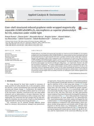 Applied Catalysis B: Environmental 205 (2017) 654–665
Contents lists available at ScienceDirect
Applied Catalysis B: Environmental
journal homepage: www.elsevier.com/locate/apcatb
Core–shell structured reduced graphene oxide wrapped magnetically
separable rGO@CuZnO@Fe3O4 microspheres as superior photocatalyst
for CO2 reduction under visible light
Pawan Kumara
, Chetan Joshia
, Alexandre Barrasb
, Brigitte Sieberc
, Ahmed Addadc
,
Luc Boussekeyd
, Sabine Szuneritsb
, Rabah Boukherroubb,∗
, Suman L. Jaina,∗
a
Chemical Science Division, CSIR–Indian Institute of Petroleum, Dehradun, 248005, India
b
Univ. Lille, CNRS, Centrale Lille, ISEN, Univ. Valenciennes, UMR 8520 - IEMN, F-59000 Lille, France
c
UMET, UMR CNRS 8207, Université Lille 1, 59655 Villeneuve d’Ascq Cédex, France
d
LASIR, UMR CNRS 8516, Université Lille 1, 59655 Villeneuve d’Ascq Cédex, France
a r t i c l e i n f o
Article history:
Received 14 March 2016
Received in revised form
24 November 2016
Accepted 29 November 2016
Available online 29 November 2016
Keywords:
Core–shell structure
Iron nanoparticles
Zinc oxide
Reduced graphene oxide
Photocatalysis
Visible light
CO2 reduction
a b s t r a c t
A highly efﬁcient, recyclable and magnetically separable core-shell structured CuZnO@Fe3O4 microsphere
wrapped with reduced graphene oxide (rGO@CuZnO@Fe3O4) photocatalyst has been developed and used
for the photoreduction of carbon dioxide with water to produce methanol under visible light irradiation.
Owing to the synergistic effect of the components and to the presence of a thin Fe2O3 layer on Fe3O4,
rGO@CuZnO@Fe3O4 4 exhibited higher catalytic activity as compared to the other possible combinations
such as CuZnO@Fe3O4 2 and GO@CuZnO@Fe3O4 3 microspheres. The yield of methanol in case of using
2 and 3 as photocatalyst was found to be 858 and 1749 ␮mol g−1
cat, respectively. However, the yield
was increased to 2656 ␮mol g−1
cat when rGO@CuZnO@Fe3O4 4 was used as photocatalyst under sim-
ilar experimental conditions. This superior photocatalytic activity of 4 was assumed to be due to the
restoration of the sp2
hybridized aromatic system in rGO, which facilitated the movement of electrons
and resulted in better charge separation. The synthesized heterogeneous photocatalyst could readily be
recovered by external magnet and successfully reused for six subsequent cycles without signiﬁcant loss
in the product yield.
© 2016 Published by Elsevier B.V.
1. Introduction
The rising demand for fossil fuels resulted in emissions of
large quantities of carbon dioxide (CO2) in the atmosphere, which
has become a severe environmental issue associated with global
warming and climate change [1]. Furthermore, the depletion of
hydrocarbon fuels is an inevitable problem which has to be faced
in the near future. Therefore, conversion of CO2 into value-added
chemicals such as hydrocarbons is of great importance that can
help in tackling both environmental as well as energy issues. More
importantly, CO2 conversion into fuel (energy) that not only miti-
gates CO2 emissions, but also recycles it back as a fuel feedstock is
highly desirable in meeting clean energy demand [2–4].
CO2 conversion can be achieved through different means
based on chemical, electrochemical, biological and photochemi-
∗ Corresponding authors.
E-mail address: suman@iip.res.in (S.L. Jain).
cal approaches. Among them, biomimetic artiﬁcial photosynthesis
has recently gained considerable attention as a promising technol-
ogy for reduction of CO2 to fuel using solar energy [4–6]. In this
process, the hydrocarbons are produced by photoreduction of CO2
using water and solar energy. This method has gained consider-
able importance in recent years as it is economically viable and
environmentally friendly. A large variety of semiconductor mate-
rials such as TiO2, ZnO, ZrO2, CdS, Fe2O3, SiC, WO3 and transition
metal complexes have been extensively investigated for photocat-
alytic conversion of CO2 [4,7]. Since redox potentials of large band
gap semiconductors are more adapted for CO2 photoreduction,
TiO2–based photocatalysts have been widely investigated for this
transformation [7,8]. Even though higher yields were obtained with
metal complexes as compared to TiO2 photocatalysts, metal com-
plexes, besides being expensive and unstable under UV light, often
required an electron donor (e.g. triethylamine), whereas water
molecules were used as electron donor for TiO2 [8]. Band gap engi-
neering by doping with metals and non metals (Cu, Ag, Ru, N, etc.)
was used for improvement of the conversion efﬁciency, but still
http://dx.doi.org/10.1016/j.apcatb.2016.11.060
0926-3373/© 2016 Published by Elsevier B.V.
 