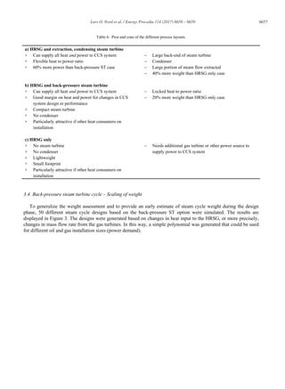Lars O. Nord et al. / Energy Procedia 114 (2017) 6650 – 6659 6657
Table 6: Pros and cons of the different process layouts.
a) HRSG and extraction, condensing steam turbine
+ Can supply all heat and power to CCS system Large back-end of steam turbine
+ Flexible heat to power ratio Condenser
+ 60% more power than back-pressure ST case Large portion of steam flow extracted
40% more weight than HRSG only case
b) HRSG and back-pressure steam turbine
+ Can supply all heat and power to CCS system Locked heat to power ratio
+ Good margin on heat and power for changes in CCS
system design or performance
20% more weight than HRSG only case
+ Compact steam turbine
+ No condenser
+ Particularly attractive if other heat consumers on
installation
c) HRSG only
+
+
No steam turbine
No condenser
Needs additional gas turbine or other power source to
supply power to CCS system
+ Lightweight
+ Small footprint
+ Particularly attractive if other heat consumers on
installation
3.4. Back-pressure steam turbine cycle – Scaling of weight
To generalize the weight assessment and to provide an early estimate of steam cycle weight during the design
phase, 50 different steam cycle designs based on the back-pressure ST option were simulated. The results are
displayed in Figure 3. The designs were generated based on changes in heat input to the HRSG, or more precisely,
changes in mass flow rate from the gas turbines. In this way, a simple polynomial was generated that could be used
for different oil and gas installation sizes (power demand).
 