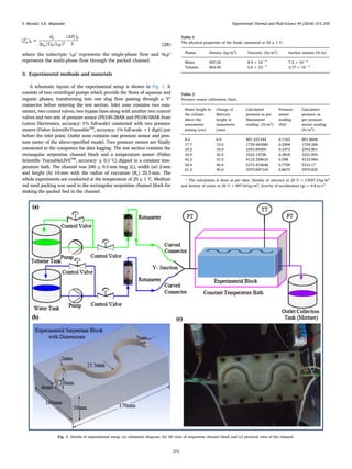 ′ =f
d
ρ U ε
P
L
( )
2 ( / )
(Δ )
m p
p
m m eff
f p
2
(28)
where the subscripts ‘s,p’ represents the single-phase ﬂow and ‘m,p’
represents the multi-phase ﬂow through the packed channel.
3. Experimental methods and materials
A schematic layout of the experimental setup is shown in Fig. 1. It
consists of two centrifugal pumps which provide the ﬂows of aqueous and
organic phases, transforming into one slug ﬂow passing through a ‘Y’
connector before entering the test section. Inlet zone contains two rota-
meters, two control valves, two bypass lines along with another two control
valves and two sets of pressure sensor (PS100-2BAR and PS100-5BAR from
Lutron Electronics, accuracy: 1% full-scale) connected with two pressure
meters (Fisher ScientiﬁcTraceableTM
, accuracy: 1% full-scale +1 digit) just
before the inlet point. Outlet zone contains one pressure sensor and pres-
sure meter of the above-speciﬁed model. Two pressure meters are ﬁnally
connected to the computers for data logging. The test section contains the
rectangular serpentine channel block and a temperature sensor (Fisher
Scientiﬁc TraceableLIVETM
, accuracy: ± 0.1 °C) dipped in a constant tem-
perature bath. The channel was 240 ± 0.3 mm long (L), width (w) 2 mm
and height (h) 10 mm with the radius of curvature (Rc) 25.5 mm. The
whole experiments are conducted at the temperature of 25 ± 1 °C. Medium
red sand packing was used to the rectangular serpentine channel block for
making the packed bed in the channel.
Fig. 1. Details of experimental setup: (a) schematic diagram, (b) 3D view of serpentine channel block and (c) pictorial view of the channel.
Table 1
The physical properties of the ﬂuids, measured at 25 ± 1 °C.
Phases Density (kg/m3
) Viscosity (Ns/m2
) Surface tension (N/m)
Water 997.05 8.9 × 10−4
7.2 × 10−2
Toluene 864.00 5.6 × 10−4
2.77 × 10−2
Table 2
Pressure sensor calibration chart.
Water height in
the column
above the
manometer
joining (cm)
Change of
Mercury
height in
manometer
(mm)
Calculated
pressure as per
Manometer
reading*
(N/m2
)
Pressure
sensor
reading
(Psi)
Calculated
pressure as
per pressure
sensor reading
(N/m2
)
8.2 6.0 801.221344 0.1163 801.8606
17.7 13.0 1729.465584 0.2508 1729.206
24.5 18.0 2393.89304 0.3472 2393.861
34.0 25.0 3322.13728 0.4818 3321.895
42.2 31.0 4123.358624 0.598 4123.066
54.4 40.0 5315.419648 0.7709 5315.17
61.2 45.0 5979.847104 0.8673 5979.825
* The calculation is done as per data: Density of mercury at 25 °C = 13557.2 kg/m3
and density of water at 25 °C = 997.04 kg/m3
, Gravity of acceleration (g) = 9.8 m/s2
.
S. Mondal, S.K. Majumder Experimental Thermal and Fluid Science 94 (2018) 215–230
219
 