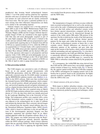 geophysical data locating buried archaeological features
within 1e3 m of the surface and has relatively low vegetation
densities with areas of exposed soil. The exposed archaeolog-
ical remains are well conserved and are mainly constructed
from local stone. This fact poses a potential problem for re-
mote sensing since their reﬂectance characteristics are likely
to be similar to the surrounding material.
Airborne imagery was acquired over a two-day period in
April 2004 as part of the NERC Mediterranean Flight Cam-
paign. Data from two primary sensors, namely the Airborne
Thematic Mapper (ATM) and the Compact Airborne Spectro-
graphic Imager (CASI), are considered in the paper together
with lidar data and aerial photography acquired as part of
the same ﬂight campaign. The CASI sensor is limited to the
visible and near infrared (NIR) and was programmed to oper-
ate in spatial mode acquiring data in 15 channels from 449 nm
to 940 nm at a spatial resolution of 2.0 m, whilst the ATM sen-
sor acquired data in 11 broader bands, with a spatial resolution
of 2.5 m. The ATM sensor provides important information in
the Short Wave Infrared (SWIR) and the thermal (TIR) por-
tions of the spectrum with respect to soil properties and heat
capacity. Lidar, CASI, ATM and aerial photography were ac-
quired at approximately 15:00 hpm on the 17th of April whilst
a second series of ATM images were captured at 06:00 h on
the 18th of April in order to gauge diurnal heat capacity.
4. Data processing methods
The CASI imagery was converted to units of reﬂectance
based on in situ ground spectral measurements with
a GER1500 spectrometer, whilst the ATM data were atmo-
spherically corrected using the FLAASH module incorporat-
ing the MODTRAN4 radiation transfer code (Matthew et al.,
2000) in the ENVI software. Both were then rectiﬁed using
the Azimuth Systems AZGCORR programme, which compen-
sates for aircraft position, altitude and ground surface separa-
tion, and involved inputting aircraft navigation information as
well as a digital elevation model derived from the lidar (AZG-
CORR, 2005). The lidar data were acquired using an Optech
ALTM 3033 high-resolution airborne laser scanner with a point
density of 1.0 m, the data from which was initially processed
by the Landscape Modelling Unit at the University of Cam-
bridge. Soil temperature proﬁles were acquired with a series
of Skye Instruments sensors coupled to a data logger in an
area adjacent to the archaeological site in order to calibrate
and interpret the thermal data. Once corrected, derived images
were extracted from the remotely sensed airborne data (e.g.,
the Normalised Difference Vegetation Index, NDVI (Jensen,
1986), which is based on reﬂectance in the red and NIR por-
tions of the electromagnetic spectrum). Imagery was then
integrated, segmented and classiﬁed based on an object-
oriented approach within the eCognition software (Benz et al.,
2004). The imagery was further processed using the Reede
Xiaoli (RXD) unsupervised anomaly detection algorithm
within the ENVI software package, which extracts unknown
targets that are spectrally distinct from the image background
(Kwon et al., 2003). Prior to applying the algorithm shrubs
were masked from the process using a combination of the lidar
and the NDVI data.
5. Results
The interpretation of imagery will focus on areas within the
main excavated archaeological site as well as the ancient gar-
rison wall to the south. A fundamental assumption made at the
outset was that both surface and subsurface remains would
have distinct spectral characteristics compared with the sur-
rounding material, which can be characterised through the
analysis of the visible and/or NIR and/or TIR portions of the
spectrum. For this to hold true the results of the ﬁeld spectrom-
eter study conducted needed to indicate distinct spectral
patterns for the major units within the Itanos scene. In terms
of the surface archaeological remains at Itanos this is most
certainly correct. Distinct differences are observed in the
reﬂectance patterns of the sandstone and grey slabs that
make up the remains of the basilica, which contrast favourably
with the surrounding soils and vegetation (Fig. 2); a fact that is
further demonstrated by the CASI and ATM data. However, it
is statistically difﬁcult to relate differences in soil reﬂectance
patterns within the visible and NIR range (i.e., sensed by the
GER-1500) to subsurface remains detected by the geophysical
survey.
As a consequence, the visible/NIR data alone derived from
the CASI and the ATM sensors have successfully mapped the
surface remains at Itanos (e.g., basilica walls, Fig. 3). Inevita-
bly, the superior spatial resolution of the CASI data compared
to the ATM is advantageous for mapping remains such as the
basilica but in general, based on the classiﬁcation, the higher
spectral resolution capability of the CASI does not out per-
form the ATM in this case.
5.1. Inland extension of the port at Itanos
With respect to shallow subsurface remains, a key issue at
Itanos is the possible inland extension of the port. This area
has been intensively probed by geophysical techniques, which
500 600 700 800 900 1000
Wavelength (nm)
10
20
30
40
50
60
0
400
Grass
Basilica (sandstone)
Exposed rock near basilica
Basilica (grey slabs)
Reflectance(%)
Exposed soil near basilica
Fig. 2. Reﬂectance spectra of sub-aerial features adjacent to the northern most
basilica (B2) at Itanos, as captured by the GER1500 spectrometer.
798 A. Rowlands, A. Sarris / Journal of Archaeological Science 34 (2007) 795e803
 