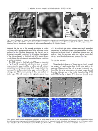 indicated that the top of the bedrock, consisting of eroded
phyllites, reaches a maximum depth of 10 m below the current
surface (Fig. 4a). The lidar data suggest that the area has no
deﬁnable topographic variation (Fig. 4b) and the classiﬁcation
of the visible channels of the CASI and ATM sensors do not
reveal distinct linear features or anomalies beyond variations
in surface vegetation.
The RXD output for the CASI and ATM data are presented
in Fig. 4c and d, respectively, and show the level of anomaly
on a progressive scale from blue to yellow and red, with red
indicating areas of high anomaly. Both images indicate the
presence of several anomalies in the upper portion of the sub-
set (e.g., A1eA4); however, many of these are artefacts of
shade (e.g., A1) and variations in vegetation cover (e.g.,
A2). Nevertheless, the images indicate other subtle anomalies
that can not be attributed to these categories and are therefore
interpreted as being signals of subsurface remains (e.g., A3
and A4) since they correlate with zones where geophysical
surveys have identiﬁed subsurface remains (Fig. 4a).
5.2. Ancient garrison
The archaeological survey of the site has previously located
the presence of a wall running along the hill to the south of the
main site. The position of the wall in certain locations is con-
ﬁrmed by the aerial photography, the shade image derived
from the lidar data and by the visible channels of the CASI
and ATM (Fig. 5aec, feature W1); however, the wall is not
Fig. 3. Series of images of the southern most basilica at Itanos: (a) shaded relief image derived from the lidar data; (b) Normalised Difference Vegetation Index
(NDVI) image derived from CASI in order to differentiate between vegetation types (light grey) and exposed stone wall of the basilica (dark grey); and (c) a clas-
siﬁed image of CASI and lidar data derived from an object-oriented approach using the eCognition software.
0 20 4010
Metres
A2
A3
A1
A4
A2
A3
A1
A4
a b
c d
99
1
Anomaly
indicator
N
Fig. 4. Series of images focusing on the possible extension of the ancient port to the west: (a) aerial photograph with the location of buried archaeological remains
derived from geophysics superimposed; (b) shaded relief image derived from the lidar data; (c) output of the ReedeXiaoli algorithm for the CASI imagery; and (d)
output of the ReedeXiaoli algorithm for the daytime ATM imagery. Features A1eA4 are highlighted as anomalies (see text for full explanation).
799A. Rowlands, A. Sarris / Journal of Archaeological Science 34 (2007) 795e803
 