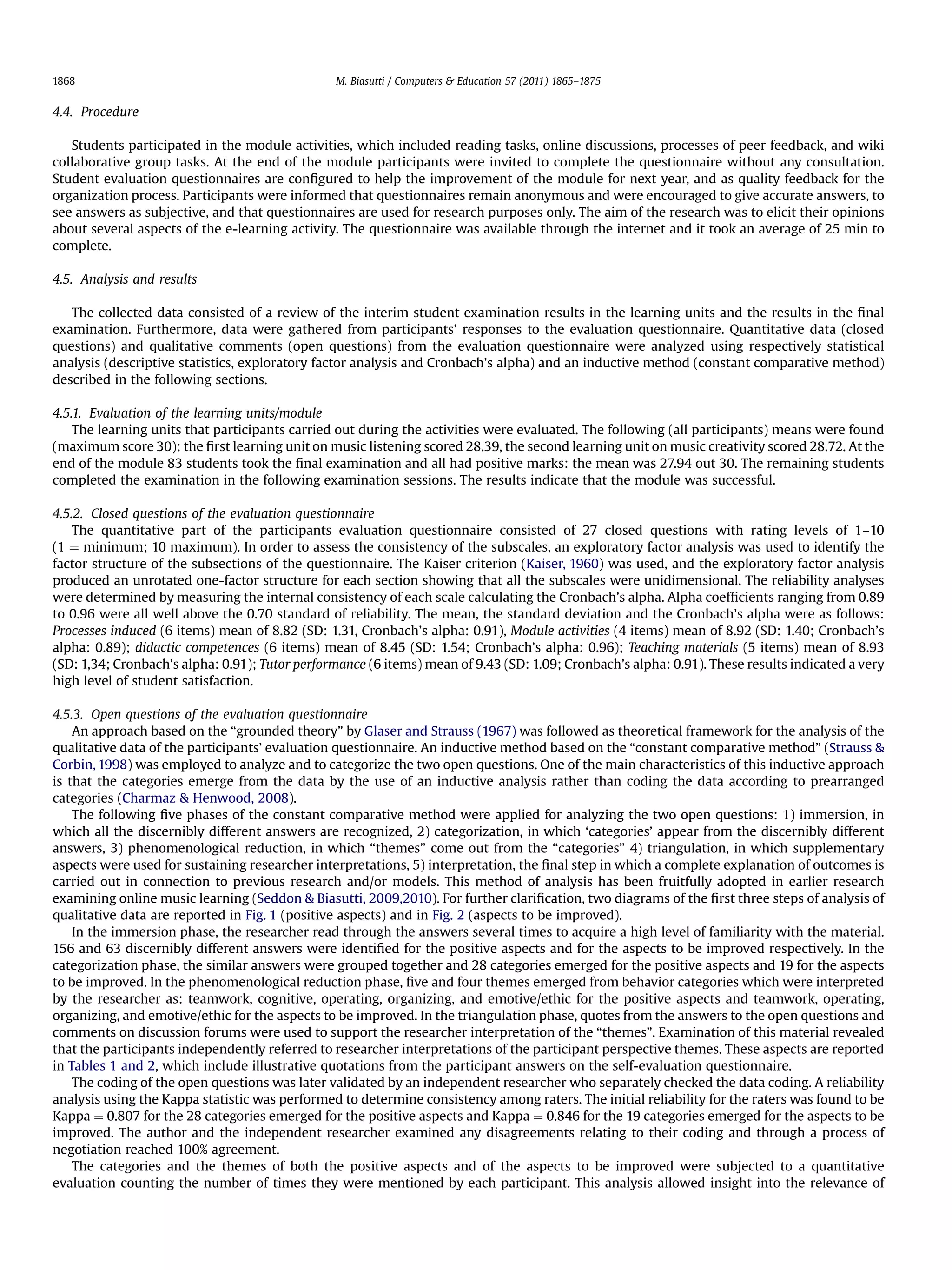 4.4. Procedure
Students participated in the module activities, which included reading tasks, online discussions, processes of peer feedback, and wiki
collaborative group tasks. At the end of the module participants were invited to complete the questionnaire without any consultation.
Student evaluation questionnaires are conﬁgured to help the improvement of the module for next year, and as quality feedback for the
organization process. Participants were informed that questionnaires remain anonymous and were encouraged to give accurate answers, to
see answers as subjective, and that questionnaires are used for research purposes only. The aim of the research was to elicit their opinions
about several aspects of the e-learning activity. The questionnaire was available through the internet and it took an average of 25 min to
complete.
4.5. Analysis and results
The collected data consisted of a review of the interim student examination results in the learning units and the results in the ﬁnal
examination. Furthermore, data were gathered from participants’ responses to the evaluation questionnaire. Quantitative data (closed
questions) and qualitative comments (open questions) from the evaluation questionnaire were analyzed using respectively statistical
analysis (descriptive statistics, exploratory factor analysis and Cronbach’s alpha) and an inductive method (constant comparative method)
described in the following sections.
4.5.1. Evaluation of the learning units/module
The learning units that participants carried out during the activities were evaluated. The following (all participants) means were found
(maximum score 30): the ﬁrst learning unit on music listening scored 28.39, the second learning unit on music creativity scored 28.72. At the
end of the module 83 students took the ﬁnal examination and all had positive marks: the mean was 27.94 out 30. The remaining students
completed the examination in the following examination sessions. The results indicate that the module was successful.
4.5.2. Closed questions of the evaluation questionnaire
The quantitative part of the participants evaluation questionnaire consisted of 27 closed questions with rating levels of 1–10
(1 ¼ minimum; 10 maximum). In order to assess the consistency of the subscales, an exploratory factor analysis was used to identify the
factor structure of the subsections of the questionnaire. The Kaiser criterion (Kaiser, 1960) was used, and the exploratory factor analysis
produced an unrotated one-factor structure for each section showing that all the subscales were unidimensional. The reliability analyses
were determined by measuring the internal consistency of each scale calculating the Cronbach’s alpha. Alpha coefﬁcients ranging from 0.89
to 0.96 were all well above the 0.70 standard of reliability. The mean, the standard deviation and the Cronbach’s alpha were as follows:
Processes induced (6 items) mean of 8.82 (SD: 1.31, Cronbach’s alpha: 0.91), Module activities (4 items) mean of 8.92 (SD: 1.40; Cronbach’s
alpha: 0.89); didactic competences (6 items) mean of 8.45 (SD: 1.54; Cronbach’s alpha: 0.96); Teaching materials (5 items) mean of 8.93
(SD: 1,34; Cronbach’s alpha: 0.91); Tutor performance (6 items) mean of 9.43 (SD: 1.09; Cronbach’s alpha: 0.91). These results indicated a very
high level of student satisfaction.
4.5.3. Open questions of the evaluation questionnaire
An approach based on the “grounded theory” by Glaser and Strauss (1967) was followed as theoretical framework for the analysis of the
qualitative data of the participants’ evaluation questionnaire. An inductive method based on the “constant comparative method” (Strauss &
Corbin, 1998) was employed to analyze and to categorize the two open questions. One of the main characteristics of this inductive approach
is that the categories emerge from the data by the use of an inductive analysis rather than coding the data according to prearranged
categories (Charmaz & Henwood, 2008).
The following ﬁve phases of the constant comparative method were applied for analyzing the two open questions: 1) immersion, in
which all the discernibly different answers are recognized, 2) categorization, in which ‘categories’ appear from the discernibly different
answers, 3) phenomenological reduction, in which “themes” come out from the “categories” 4) triangulation, in which supplementary
aspects were used for sustaining researcher interpretations, 5) interpretation, the ﬁnal step in which a complete explanation of outcomes is
carried out in connection to previous research and/or models. This method of analysis has been fruitfully adopted in earlier research
examining online music learning (Seddon & Biasutti, 2009,2010). For further clariﬁcation, two diagrams of the ﬁrst three steps of analysis of
qualitative data are reported in Fig. 1 (positive aspects) and in Fig. 2 (aspects to be improved).
In the immersion phase, the researcher read through the answers several times to acquire a high level of familiarity with the material.
156 and 63 discernibly different answers were identiﬁed for the positive aspects and for the aspects to be improved respectively. In the
categorization phase, the similar answers were grouped together and 28 categories emerged for the positive aspects and 19 for the aspects
to be improved. In the phenomenological reduction phase, ﬁve and four themes emerged from behavior categories which were interpreted
by the researcher as: teamwork, cognitive, operating, organizing, and emotive/ethic for the positive aspects and teamwork, operating,
organizing, and emotive/ethic for the aspects to be improved. In the triangulation phase, quotes from the answers to the open questions and
comments on discussion forums were used to support the researcher interpretation of the “themes”. Examination of this material revealed
that the participants independently referred to researcher interpretations of the participant perspective themes. These aspects are reported
in Tables 1 and 2, which include illustrative quotations from the participant answers on the self-evaluation questionnaire.
The coding of the open questions was later validated by an independent researcher who separately checked the data coding. A reliability
analysis using the Kappa statistic was performed to determine consistency among raters. The initial reliability for the raters was found to be
Kappa ¼ 0.807 for the 28 categories emerged for the positive aspects and Kappa ¼ 0.846 for the 19 categories emerged for the aspects to be
improved. The author and the independent researcher examined any disagreements relating to their coding and through a process of
negotiation reached 100% agreement.
The categories and the themes of both the positive aspects and of the aspects to be improved were subjected to a quantitative
evaluation counting the number of times they were mentioned by each participant. This analysis allowed insight into the relevance of
M. Biasutti / Computers & Education 57 (2011) 1865–18751868
 