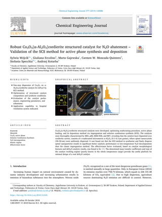 Contents lists available at ScienceDirect
Chemical Engineering Journal
journal homepage: www.elsevier.com/locate/cej
Robust Co3O4|α-Al2O3|cordierite structured catalyst for N2O abatement –
Validation of the SCS method for active phase synthesis and deposition
Sylwia Wójcika,⁎
, Giuliana Ercolinob
, Marta Gajewskac
, Carmen W. Moncada Quinterob
,
Stefania Specchiab,⁎
, Andrzej Kotarbaa
a
Faculty of Chemistry, Jagiellonian University, Gronostajowa 2, 30-387 Krakow, Poland
b
Department of Applied Science and Technology, Politecnico di Torino, Corso Duca degli Abruzzi 24, 10129 Torino, Italy
c
Academic Centre for Materials and Nanotechnology AGH, Mickiewicza 30, 30-059 Krakow, Poland
H I G H L I G H T S
• One-step dispersion of Co3O4 on α-
Al2O3|cordierite catalyst for deN2O by
SCS method.
• Optimization of structured catalyst
composition and synthesis conditions.
• Evaluation of the catalyst perfor-
mance, engineering parameters, and
robustness.
• Application capability in hospital
ventilation system indicated.
G R A P H I C A L A B S T R A C T
A R T I C L E I N F O
Keywords:
Monolith
Co3O4 active phase
Solution Combustion Synthesis
N2O decomposition
Kinetic regime
Effectiveness factor
A B S T R A C T
Co3O4|α-Al2O3|cordierite structured catalysts were developed, optimizing washcoating procedure, active phase
loading, and its deposition method via impregnation and solution combustion synthesis (SCS). The catalysts
were thoroughly characterized by XRD, μRS, SEM/EDS, and BET, revealing that the catalyst layer deposited over
cordierite carrier, consists of a washcoated micrometric α-Al2O3 (0.1–0.3 µm grains), where spinel nanocrystals
(30–50 nm) were uniformly dispersed. It was found out that the SCS method to synthesize and finely disperse
spinel nanoparticles results in significant better catalytic performance in low-temperature N2O decomposition
than the classic impregnation method. The effectiveness factor evaluated, based on catalyst morphological
features and deN2O catalytic results, was found to be ≈1. The determined mass transfer coefficients and type of
the catalyst working regime (purely kinetic in the whole temperature range) provide the useful platform for
rational design of a real deN2O catalyst.
1. Introduction
Increasing human impact on natural environment caused by dy-
namic industry development and increasing urbanization results in
emission of hazardous substances into the atmosphere. Nitrous oxide
(N2O), recognized as a one of the most dangerous greenhouse gases [1],
is emitted annually in large quantities. Only in European Union (2016)
its emission reaches over 758.73 kilotons, which equals to 226 101.08
kilotons of CO2 equivalent [2]. Due to high dispersion, agriculture
sources dominating N2O emission are difficult to control. However,
https://doi.org/10.1016/j.cej.2018.10.025
⁎
Corresponding authors at: Faculty of Chemistry, Jagiellonian University in Krakow, ul. Gronostajowa 2, 30-387 Krakow, Poland; Department of Applied Science
and Technology, Politecnico di Torino, Corso Duca degli Abruzzi 24, 10129 Torino, Italy.
E-mail addresses: gudyka@chemia.uj.edu.pl (S. Wójcik), stefania.specchia@polito.it (S. Specchia).
Chemical Engineering Journal 377 (2019) 120088
Available online 05 October 2018
1385-8947/ © 2018 Elsevier B.V. All rights reserved.
T
 