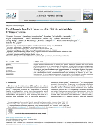 Original Research Report
Pseudobrookite based heterostructures for efﬁcient electrocatalytic
hydrogen evolution
Niranjala Fernando a
, Jayashree Swaminathan b
, Francisco Carlos Robles Hernandez c,d,b
,
Gayan Priyadarshana e
, Chanaka Sandaruwan f
, Wenli Yang d
, Veranja Karunaratne h
,
Zixing Wang b
, Gehan A.J. Amaratunga g
, Nilwala Kottegoda b,h,*
, Ashokkumar Meiyazhagan b,**
,
Pulickel M. Ajayan b,***
a
Department of Design and Engineering, Faculty of Science and Technology, Bournemouth University, Dorset, BH12 5BB, UK
b
Department of Materials Science & NanoEngineering, Rice University, Texas, 77005, USA
c
Department of Mechanical Engineering Technology, University of Houston, Houston, TX, 77204, USA
d
Materials Science & Engineering, Cullen College of Engineering, University of Houston, Houston, TX, 77204, USA
e
Department of Materials and Mechanical Technology, Faculty of Technology, University of Sri Jayewardenepura, Pitipana, Homagama, Sri Lanka
f
Sri Lanka Institute of Nanotechnology, Pitipana, Homagama, Sri Lanka
g
Department of Engineering, University of Cambridge, Cambridge, CB2 1TN, UK
h
Department of Chemistry, Center for Advanced Materials Research, University of Sri Jayewardenepura, Gangodawila, Nugegoda, Sri Lanka
A R T I C L E I N F O
Keywords:
Heterostructures
Cathodization
Green catalyst
2D materials
Hydrogen evolution
Electrocatalysis
Pseudobrookite
A B S T R A C T
Synthesis of ultrathin heterostructures has received much attention in the recent past due to their unique physical
and chemical properties. In this work, we report the synthesis of Fe2TiO5–TiO2 heterostructures using a simple
hydrothermal technique employing natural ilmenite as the source. Hierarchically arranged nanostructures with
interconnected nano-petals of thickness around 50 nm are obtained. The electrocatalytic properties of the synthe-
sized Fe2TiO5–TiO2 heterostructures are enhanced following the cathodization technique. The observed enhance-
ment in the synthesized materials’ electrocatalytic property can be attributed to the defect-rich Fe2-xTiO5-x-TiO2-x
heterostructures. The current approach and technique discussed in this work offer a simple method to synthesize a
nanostructured heterostructure material and create defects for enhancing electrocatalytic activity.
1. Introduction
The discovery of two-dimensional (2D) graphene has unlocked
investigation in multifold areas of materials science and nanotech-
nology.1,2
Among them, exfoliation of a single-layered 2D sheet from
bulk has received signiﬁcant interest due to their outstanding optical,
magnetic, and electronic transport characteristics.3,4
Until now, various
strategies have been proposed to create atomically thin layers of 2D
materials using techniques such as mechanical exfoliation,2,5,6
intercalation by ionic species,7,8
ultrasonication,9,10
etc. These exfoliated
atomically thin sheets have the potential in transforming technologies
and engineering next-generation ultrathin nanoelectronics and opto-
electronics devices.11,12
Amongst broader classiﬁcation of the reported
2D materials, ilmenite (FeTiO3) is considered as a naturally occurring 2D
non-van der Waals material, which is formed autonomously during the
process of slow cooling of magma chambers.13
It exists in nature as iron
titanates, and in three primary forms of minerals (i.e., ilmenite (FeTiO3),
pseudobrookite (Fe2TiO5), and ulvite (Fe2TiO4)), and it most commonly
* Corresponding author. Department of Materials Science & NanoEngineering, Rice University, Texas, 77005, USA.
** Corresponding author. Department of Materials Science & NanoEngineering, Rice University, Texas, 77005, USA.
*** Corresponding author. Department of Materials Science & NanoEngineering, Rice University, Texas, 77005, USA.
E-mail addresses: nilwala@sjp.ac.lk (N. Kottegoda), ma37@rice.edu (A. Meiyazhagan), ajayan@rice.edu (P.M. Ajayan).
Production and Hosting by Elsevier on behalf of KeAi
Contents lists available at ScienceDirect
Materials Reports: Energy
journal homepage: www.keaipublishing.com/en/journals/materials-reports-energy
https://doi.org/10.1016/j.matre.2021.100020
Received 11 September 2020; Accepted 18 January 2021
Available online 29 March 2021
2666-9358/© 2021 Chongqing Xixin Tianyuan Data & Information Co., Ltd. Publishing services by Elsevier B.V. on behalf of KeAi Communications Co. Ltd. This is an
open access article under the CC BY-NC-ND license (http://creativecommons.org/licenses/by-nc-nd/4.0/).
Materials Reports: Energy 1 (2021) 100020
 