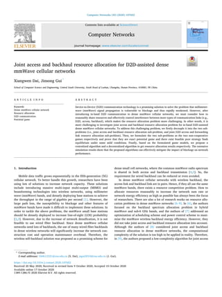 Computer Networks 183 (2020) 107602
Available online 17 October 2020
1389-1286/© 2020 Elsevier B.V. All rights reserved.
Joint access and backhaul resource allocation for D2D-assisted dense
mmWave cellular networks
Xiangwen Dai, Jinsong Gui *
School of Computer Science and Engineering, Central South University, South Road of Lushan, Changsha, Hunan Province, 410083, PR China
A R T I C L E I N F O
Keywords:
Dense mmWave cellular network
Resource allocation
D2D communication
Potential game
A B S T R A C T
Device-to-Device (D2D) communication technology is a promising solution to solve the problem that millimeter-
wave (mmWave) signal propagation is vulnerable to blockage and thus rapidly weakened. However, after
introducing in-band D2D communication to dense mmWave cellular networks, we must consider how to
reasonably share resources and effectively control interference between more types of communication links (e.g.,
D2D, access, backhaul), which makes the resource allocation problem more challenging. In other words, it is
more challenging to investigate joint access and backhaul resource allocation problem for in-band D2D-assisted
dense mmWave cellular networks. To address this challenging problem, we firstly decouple it into the two sub-
problems (i.e., joint access and backhaul resource allocation sub-problem, and joint D2D access and forwarding
link resource allocation sub-problem). Then, we formulate the two sub-problems as the two non-cooperative
games respectively and prove that they are exact potential game and there exist feasible pure strategy Nash
equilibrium under some mild conditions. Finally, based on the formulated game models, we propose a
centralized algorithm and a decentralized algorithm to get resource allocation results respectively. The extensive
simulation results show that the proposed algorithms can effectively mitigate the impact of blockage on network
performance.
1. Introduction
Mobile data traffic grows exponentially in the fifth-generation (5G)
cellular network. To better handle this growth, researchers have been
using lots of solutions to increase network capacity. These solutions
include introducing massive multi-input multi-output (MIMO) and
beamforming technologies into wireless networks, using millimeter
wave (mmWave) bands, and densely deploying base stations to achieve
the throughput in the range of gigabits per second [1]. However, the
large path loss, the susceptibility to blockage and other features of
mmWave bands have made it difficult to implement these solutions. In
order to tackle the above problems, the mmWave small base stations
should be densely deployed to increase line-of-sight (LOS) probability
[2,3]. However, due to the increase of network densification, it is not
feasible to use wired fiber backhaul. Since dense mmWave cellular
networks need lots of backhauls, the use of many wired fiber backhauls
in dense wireless networks will significantly increase the network con­
struction cost and operation maintenance overhead. Therefore, the
wireless self-backhaul solution was proposed as a promising scheme for
dense small cell networks, where the common mmWave radio spectrum
is shared in both access and backhaul transmission [4,5]. So, the
requirement for wired backhaul can be reduced or even avoided.
In dense mmWave cellular networks with wireless backhaul, the
access link and backhaul link are in pairs. Hence, if they all use the same
mmWave bands, there exists a resource competition problem. How to
allocate resources reasonably to increase the network sum rate or
network energy efficiency as high as possible has always been the focus
of researchers. There are also a lot of research works on resource allo­
cation problems in dense mmWave networks [6–9]. In [6], the authors
focused on the backhaul spectrum allocation problem in hybrid
mmWave and sub-6 GHz bands, and the authors of [7] addressed an
optimization of scheduling scheme and power control scheme to maxi­
mize the mmWave wireless backhaul energy efficiency. However, they
did not take joint access and backhaul resource allocation into account.
Although the authors of [8] considered joint access and backhaul
resource allocation in dense mmWave networks, the computational
complexity of the solution is too high to be applied in reality. Therefore,
in [9], the authors proposed a low-complexity algorithm for joint access
* Corresponding author.
E-mail addresses: 184612321@csu.edu.cn (X. Dai), jsgui2010@csu.edu.cn (J. Gui).
Contents lists available at ScienceDirect
Computer Networks
journal homepage: www.elsevier.com/locate/comnet
https://doi.org/10.1016/j.comnet.2020.107602
Received 20 May 2020; Received in revised form 9 October 2020; Accepted 10 October 2020
 
