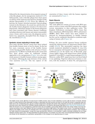 followed by the characterization of an expansive group of
crAss-like phages, also by metagenome analysis [15,16
].
Subsequently, some crAss-like phages have been grown
in cultures of the respective host bacteria, members of the
phylum Bacteroidetes [17,18]. Given the difficulty of
growing the human intestine-associated bacteria-phage
systems in the laboratory, the actual size and diversity of
the healthy human phageome remains to be discovered.
Importantly, substantial changes in the human phageome
have been associated with various diseases conditions,
including infection with human and simian immunodefi-
ciency viruses, and in some cases, the phageome pertur-
bation was, apparently, decoupled from the changes in
the microbiome [19–21].
Symbiotic viruses replicating in human cells
Over many decades, diverse viruses have been isolated
from healthy humans more or less by chance. In the last
few years, systematic surveys of the healthy human
virome became possible thanks to the advances of meta-
genomics [6,7
]. Below we briefly discuss the viruses that
have been shown, either by traditional virology
approaches or by metagenomics (Figure 1a), to be com-
monly present in healthy humans without causing appar-
ent disease, following the main divisions of the current
virus taxonomy [22
,23]. The key aspects of the
association of these viruses with the human organism
are summarized in Figure 1.
Realm Riboviria
Kingdom Orthornavira
The realm Riboviria consists of viruses with RNA gen-
omes as well as viruses with DNA genomes that employ
reverse transcription in their replication cycles. The
kingdom Orthornavira encompasses RNA viruses that
share homologous RNA-dependent RNA polymerases
(RdRP). Many RNA viruses have been isolated or
detected by metatranscriptomics in healthy humans
but few can be confidently identified as symbionts repli-
cating in human cells (Figure 1a).
Perhaps, the most notable apparent human symbionts
among the orthornaviruses are pegiviruses (family Flavi-
viridae) [24,25]. The prototypical pegivirus has been
initially tentatively identified as hepatitis G virus [26],
but no association with hepatitis has been subsequently
confirmed [27]. In the family tree of flavivirids, pegi-
viruses tightly cluster with hepaciviruses which include
hepatitis C virus (HCV), a major human pathogen [24,25].
However, unlike HCV, pegiviruses have not been linked
to any pathology. Pegivirus infection in humans is com-
mon, with the incidence of about 5%, and pegiviruses
Virus–host symbiosis in humans Koonin, Dolja and Krupovic 87
Figure 1
Nucleocytoviricota:
Phycodnaviridae,
Marseilleviridae,
Mimiviridae
Caudoviricetes:
‘Crassvirales’ , etc.
Microviridae
Picobirnaviridae
‘Statoviruses’
Genomoviridae
Virgaviridae
Herpesviridae
Healthy human virome
Bona fide human viruses Human-associated viruses
Polyomaviridae
Papillomaviridae
Flaviviridae:
Pegivirus
Retroviridae:
HERVs
Anelloviridae
Parvoviridae
Inoviridae
Smacoviridae
Healthy
adults
Bacteria
Hosts
Viral load,
pathogenicity
Disbalance/
Immunosuppression
(a) (b)
Immunity
stimulation
Immunity
stimulation,
protection
from cancer
Immunity stimulation,
antiviral protection
?
Immunity stimulation,
antiviral protection
Antiviral
protection?
Antiviral
protection
Fungi
Archaea
Plants
Protists
Riboviria
Monodnaviria
Duplodnaviria
Varidnaviria
Unassigned
Current Opinion in Virology
The healthy human virome. (a) Taxa of viruses found in healthy humans. Taxa of viruses replicating in human cells are shown on the left, whereas
those of viruses infecting human-associated microbes or associated with food sources are shown on the right (the actual or suspected hosts are
listed next to the corresponding taxa, with the uncertain assignments indicated with broken lines). Depicted virus taxa are represented with virion
structures which were retrieved from VIPERdb (viperdb.scripps.edu) or the Electron Microscopy Data Bank (https://www.ebi.ac.uk/pdbe/emdb/).
When the structure of a virus representing a particular taxon was not available, a structurally related member was chosen instead. Virus taxa are
colored according to their realm affiliation (the key is provided at the bottom). (b) Fluidity of the healthy human virome. The (potential) beneficial
effects of the healthy human virome are indicated next to the corresponding virus structures. Question marks denote uncertainty. Upon changes in
the health status/immunosuppression, viruses that cause asymptomatic infections or are beneficial in healthy individuals proliferate and can cause
diseases including severe ones. The figure illustrates the general tendency of increased virus load under immunosuppression/disease conditions
and should not be interpreted as a quantitative representation of the changes for any depicted group of viruses.
www.sciencedirect.com Current Opinion in Virology 2021, 47:86–94
 