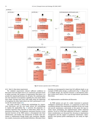 14 R. Li et al. / Aerospace Science and Technology 102 (2020) 105877
Fig. 11. Functions operation states of PHM system.
4.2.5. Task 2.5: ﬂow-down requirements
The validated requirements indicate suﬃcient conﬁdence to
ﬂow down from the higher-level to its constituent parts/low-levels
to deﬁne precisely. One purpose of requirements ﬂow-down is to
provide the required performance for all faults. The underlying idea
was that relaxation of recognition capability for some faults which
have ample coverage from some tools might allow the tightening
of recognition for other faults where one tool’s performance is crit-
ical for the overall output [43].
This paper presents a step-by-step methodology for require-
ment ﬂow-down, and this case study utilizes the methodology
to explain the applicability. Fig. 12 presents the prognostic as-
sessment functions from top-level to lower-level, where the re-
quirements ﬂow-down. The prognostic assessment function, as one
top-level function of the PHM system, is decomposed into three
sub-functions, and further, the sub-function of health state esti-
mation is implemented though health state evaluation, degrada-
tion models construction and threshold deﬁnition. Afterward, these
functions are decomposed to lower-level till suﬃcient depth, as an
example of PHM system design, as addressed in Fig. 12. Along with
an in-depth design, the top-level function is decomposed multi-
ply to lower-level, which is the route of requirements speciﬁcation
ﬂow-down.
4.3. Implementation considerations and discussion
As PHM systems are part of a wider movement to generate
intelligence maintenance decisions, it is important to discuss the
correlations between the requirements deﬁnition of this case study
and aircraft maintenance, particularly as this points the way to-
wards future prototyping and implementation within industrial
practice. To do so, in this ﬁnal subsection of Section 4, implemen-
tation considerations are discussed ﬁrst, focusing on requirements
management and the support of predictive maintenance. Subse-
quently, some general points underlying the case study are high-
lighted.
 