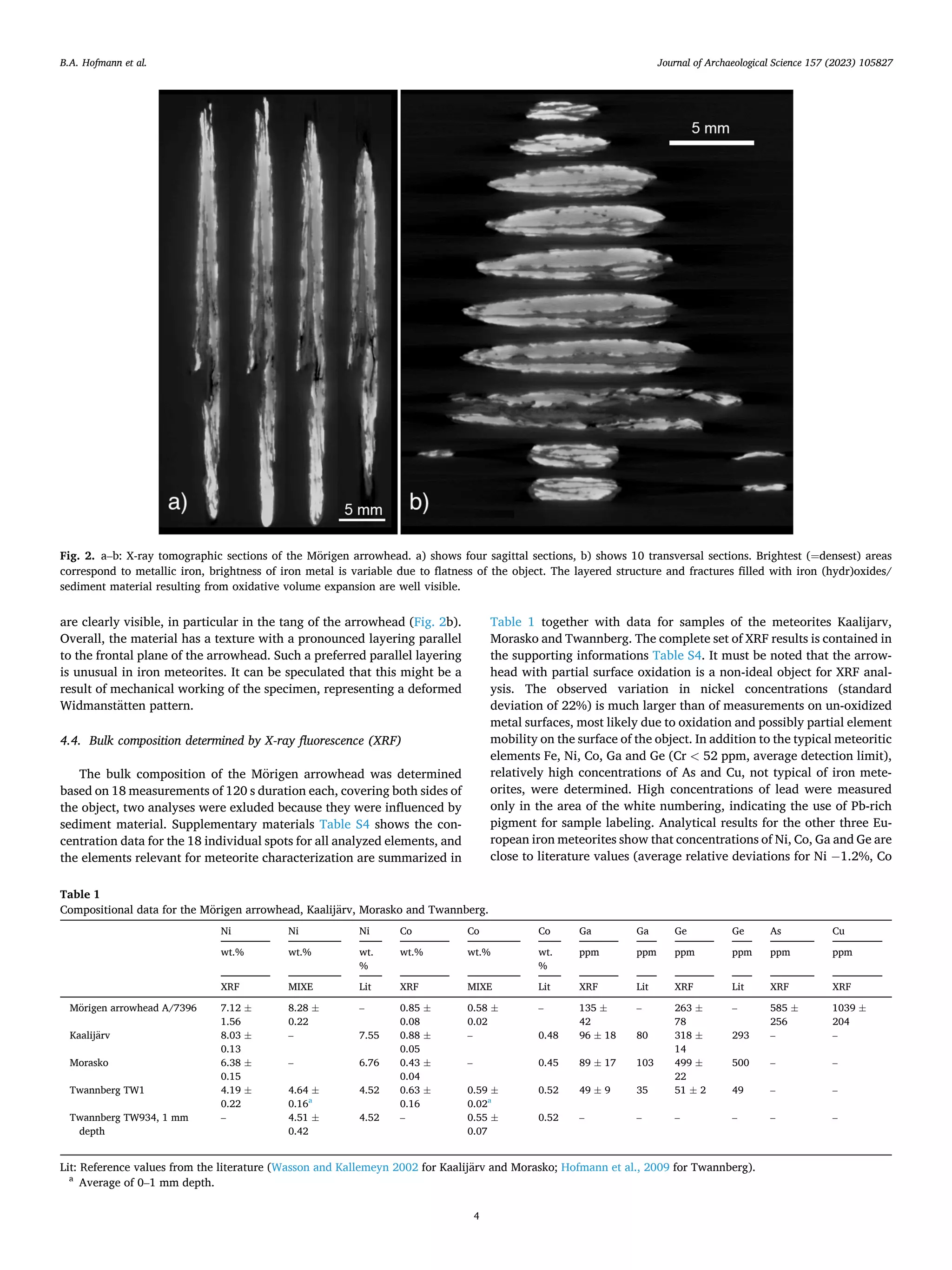 Journal of Archaeological Science 157 (2023) 105827
4
are clearly visible, in particular in the tang of the arrowhead (Fig. 2b).
Overall, the material has a texture with a pronounced layering parallel
to the frontal plane of the arrowhead. Such a preferred parallel layering
is unusual in iron meteorites. It can be speculated that this might be a
result of mechanical working of the specimen, representing a deformed
Widmanstätten pattern.
4.4. Bulk composition determined by X-ray fluorescence (XRF)
The bulk composition of the Mörigen arrowhead was determined
based on 18 measurements of 120 s duration each, covering both sides of
the object, two analyses were exluded because they were influenced by
sediment material. Supplementary materials Table S4 shows the con­
centration data for the 18 individual spots for all analyzed elements, and
the elements relevant for meteorite characterization are summarized in
Table 1 together with data for samples of the meteorites Kaalijarv,
Morasko and Twannberg. The complete set of XRF results is contained in
the supporting informations Table S4. It must be noted that the arrow­
head with partial surface oxidation is a non-ideal object for XRF anal­
ysis. The observed variation in nickel concentrations (standard
deviation of 22%) is much larger than of measurements on un-oxidized
metal surfaces, most likely due to oxidation and possibly partial element
mobility on the surface of the object. In addition to the typical meteoritic
elements Fe, Ni, Co, Ga and Ge (Cr < 52 ppm, average detection limit),
relatively high concentrations of As and Cu, not typical of iron mete­
orites, were determined. High concentrations of lead were measured
only in the area of the white numbering, indicating the use of Pb-rich
pigment for sample labeling. Analytical results for the other three Eu­
ropean iron meteorites show that concentrations of Ni, Co, Ga and Ge are
close to literature values (average relative deviations for Ni − 1.2%, Co
Fig. 2. a–b: X-ray tomographic sections of the Mörigen arrowhead. a) shows four sagittal sections, b) shows 10 transversal sections. Brightest (=densest) areas
correspond to metallic iron, brightness of iron metal is variable due to flatness of the object. The layered structure and fractures filled with iron (hydr)oxides/
sediment material resulting from oxidative volume expansion are well visible.
Table 1
Compositional data for the Mörigen arrowhead, Kaalijärv, Morasko and Twannberg.
Ni Ni Ni Co Co Co Ga Ga Ge Ge As Cu
wt.% wt.% wt.
%
wt.% wt.% wt.
%
ppm ppm ppm ppm ppm ppm
XRF MIXE Lit XRF MIXE Lit XRF Lit XRF Lit XRF XRF
Mörigen arrowhead A/7396 7.12 ±
1.56
8.28 ±
0.22
– 0.85 ±
0.08
0.58 ±
0.02
– 135 ±
42
– 263 ±
78
– 585 ±
256
1039 ±
204
Kaalijärv 8.03 ±
0.13
– 7.55 0.88 ±
0.05
– 0.48 96 ± 18 80 318 ±
14
293 – –
Morasko 6.38 ±
0.15
– 6.76 0.43 ±
0.04
– 0.45 89 ± 17 103 499 ±
22
500 – –
Twannberg TW1 4.19 ±
0.22
4.64 ±
0.16a
4.52 0.63 ±
0.16
0.59 ±
0.02a
0.52 49 ± 9 35 51 ± 2 49 – –
Twannberg TW934, 1 mm
depth
– 4.51 ±
0.42
4.52 – 0.55 ±
0.07
0.52 – – – – – –
Lit: Reference values from the literature (Wasson and Kallemeyn 2002 for Kaalijärv and Morasko; Hofmann et al., 2009 for Twannberg).
a
Average of 0–1 mm depth.
B.A. Hofmann et al.
 