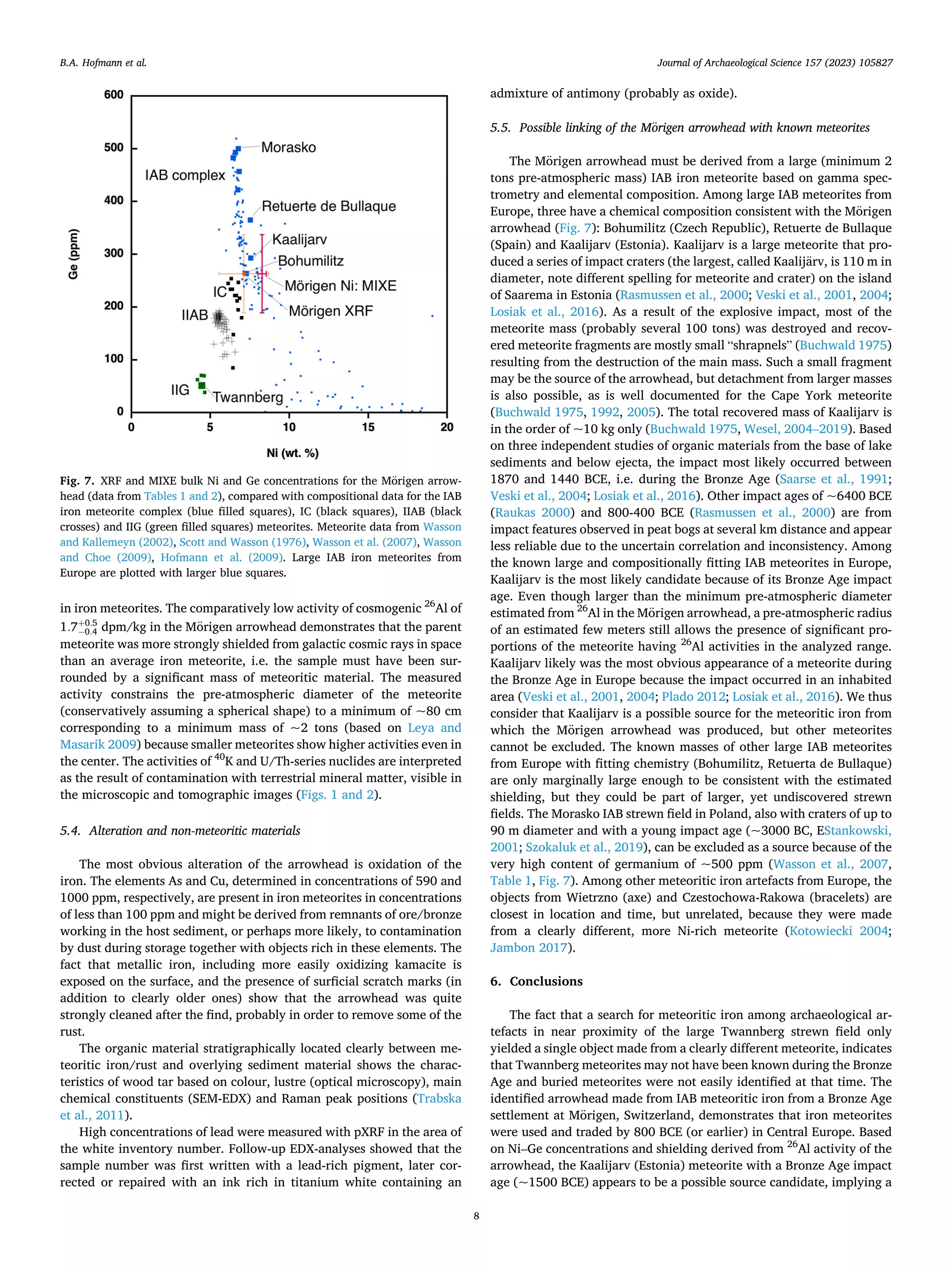 Journal of Archaeological Science 157 (2023) 105827
8
in iron meteorites. The comparatively low activity of cosmogenic 26
Al of
1.7+0.5
− 0.4 dpm/kg in the Mörigen arrowhead demonstrates that the parent
meteorite was more strongly shielded from galactic cosmic rays in space
than an average iron meteorite, i.e. the sample must have been sur­
rounded by a significant mass of meteoritic material. The measured
activity constrains the pre-atmospheric diameter of the meteorite
(conservatively assuming a spherical shape) to a minimum of ~80 cm
corresponding to a minimum mass of ~2 tons (based on Leya and
Masarik 2009) because smaller meteorites show higher activities even in
the center. The activities of 40
K and U/Th-series nuclides are interpreted
as the result of contamination with terrestrial mineral matter, visible in
the microscopic and tomographic images (Figs. 1 and 2).
5.4. Alteration and non-meteoritic materials
The most obvious alteration of the arrowhead is oxidation of the
iron. The elements As and Cu, determined in concentrations of 590 and
1000 ppm, respectively, are present in iron meteorites in concentrations
of less than 100 ppm and might be derived from remnants of ore/bronze
working in the host sediment, or perhaps more likely, to contamination
by dust during storage together with objects rich in these elements. The
fact that metallic iron, including more easily oxidizing kamacite is
exposed on the surface, and the presence of surficial scratch marks (in
addition to clearly older ones) show that the arrowhead was quite
strongly cleaned after the find, probably in order to remove some of the
rust.
The organic material stratigraphically located clearly between me­
teoritic iron/rust and overlying sediment material shows the charac­
teristics of wood tar based on colour, lustre (optical microscopy), main
chemical constituents (SEM-EDX) and Raman peak positions (Trabska
et al., 2011).
High concentrations of lead were measured with pXRF in the area of
the white inventory number. Follow-up EDX-analyses showed that the
sample number was first written with a lead-rich pigment, later cor­
rected or repaired with an ink rich in titanium white containing an
admixture of antimony (probably as oxide).
5.5. Possible linking of the Mörigen arrowhead with known meteorites
The Mörigen arrowhead must be derived from a large (minimum 2
tons pre-atmospheric mass) IAB iron meteorite based on gamma spec­
trometry and elemental composition. Among large IAB meteorites from
Europe, three have a chemical composition consistent with the Mörigen
arrowhead (Fig. 7): Bohumilitz (Czech Republic), Retuerte de Bullaque
(Spain) and Kaalijarv (Estonia). Kaalijarv is a large meteorite that pro­
duced a series of impact craters (the largest, called Kaalijärv, is 110 m in
diameter, note different spelling for meteorite and crater) on the island
of Saarema in Estonia (Rasmussen et al., 2000; Veski et al., 2001, 2004;
Losiak et al., 2016). As a result of the explosive impact, most of the
meteorite mass (probably several 100 tons) was destroyed and recov­
ered meteorite fragments are mostly small “shrapnels” (Buchwald 1975)
resulting from the destruction of the main mass. Such a small fragment
may be the source of the arrowhead, but detachment from larger masses
is also possible, as is well documented for the Cape York meteorite
(Buchwald 1975, 1992, 2005). The total recovered mass of Kaalijarv is
in the order of ~10 kg only (Buchwald 1975, Wesel, 2004–2019). Based
on three independent studies of organic materials from the base of lake
sediments and below ejecta, the impact most likely occurred between
1870 and 1440 BCE, i.e. during the Bronze Age (Saarse et al., 1991;
Veski et al., 2004; Losiak et al., 2016). Other impact ages of ~6400 BCE
(Raukas 2000) and 800-400 BCE (Rasmussen et al., 2000) are from
impact features observed in peat bogs at several km distance and appear
less reliable due to the uncertain correlation and inconsistency. Among
the known large and compositionally fitting IAB meteorites in Europe,
Kaalijarv is the most likely candidate because of its Bronze Age impact
age. Even though larger than the minimum pre-atmospheric diameter
estimated from 26
Al in the Mörigen arrowhead, a pre-atmospheric radius
of an estimated few meters still allows the presence of significant pro­
portions of the meteorite having 26
Al activities in the analyzed range.
Kaalijarv likely was the most obvious appearance of a meteorite during
the Bronze Age in Europe because the impact occurred in an inhabited
area (Veski et al., 2001, 2004; Plado 2012; Losiak et al., 2016). We thus
consider that Kaalijarv is a possible source for the meteoritic iron from
which the Mörigen arrowhead was produced, but other meteorites
cannot be excluded. The known masses of other large IAB meteorites
from Europe with fitting chemistry (Bohumilitz, Retuerta de Bullaque)
are only marginally large enough to be consistent with the estimated
shielding, but they could be part of larger, yet undiscovered strewn
fields. The Morasko IAB strewn field in Poland, also with craters of up to
90 m diameter and with a young impact age (~3000 BC, EStankowski,
2001; Szokaluk et al., 2019), can be excluded as a source because of the
very high content of germanium of ~500 ppm (Wasson et al., 2007,
Table 1, Fig. 7). Among other meteoritic iron artefacts from Europe, the
objects from Wietrzno (axe) and Czestochowa-Rakowa (bracelets) are
closest in location and time, but unrelated, because they were made
from a clearly different, more Ni-rich meteorite (Kotowiecki 2004;
Jambon 2017).
6. Conclusions
The fact that a search for meteoritic iron among archaeological ar­
tefacts in near proximity of the large Twannberg strewn field only
yielded a single object made from a clearly different meteorite, indicates
that Twannberg meteorites may not have been known during the Bronze
Age and buried meteorites were not easily identified at that time. The
identified arrowhead made from IAB meteoritic iron from a Bronze Age
settlement at Mörigen, Switzerland, demonstrates that iron meteorites
were used and traded by 800 BCE (or earlier) in Central Europe. Based
on Ni–Ge concentrations and shielding derived from 26
Al activity of the
arrowhead, the Kaalijarv (Estonia) meteorite with a Bronze Age impact
age (~1500 BCE) appears to be a possible source candidate, implying a
Fig. 7. XRF and MIXE bulk Ni and Ge concentrations for the Mörigen arrow­
head (data from Tables 1 and 2), compared with compositional data for the IAB
iron meteorite complex (blue filled squares), IC (black squares), IIAB (black
crosses) and IIG (green filled squares) meteorites. Meteorite data from Wasson
and Kallemeyn (2002), Scott and Wasson (1976), Wasson et al. (2007), Wasson
and Choe (2009), Hofmann et al. (2009). Large IAB iron meteorites from
Europe are plotted with larger blue squares.
B.A. Hofmann et al.
 