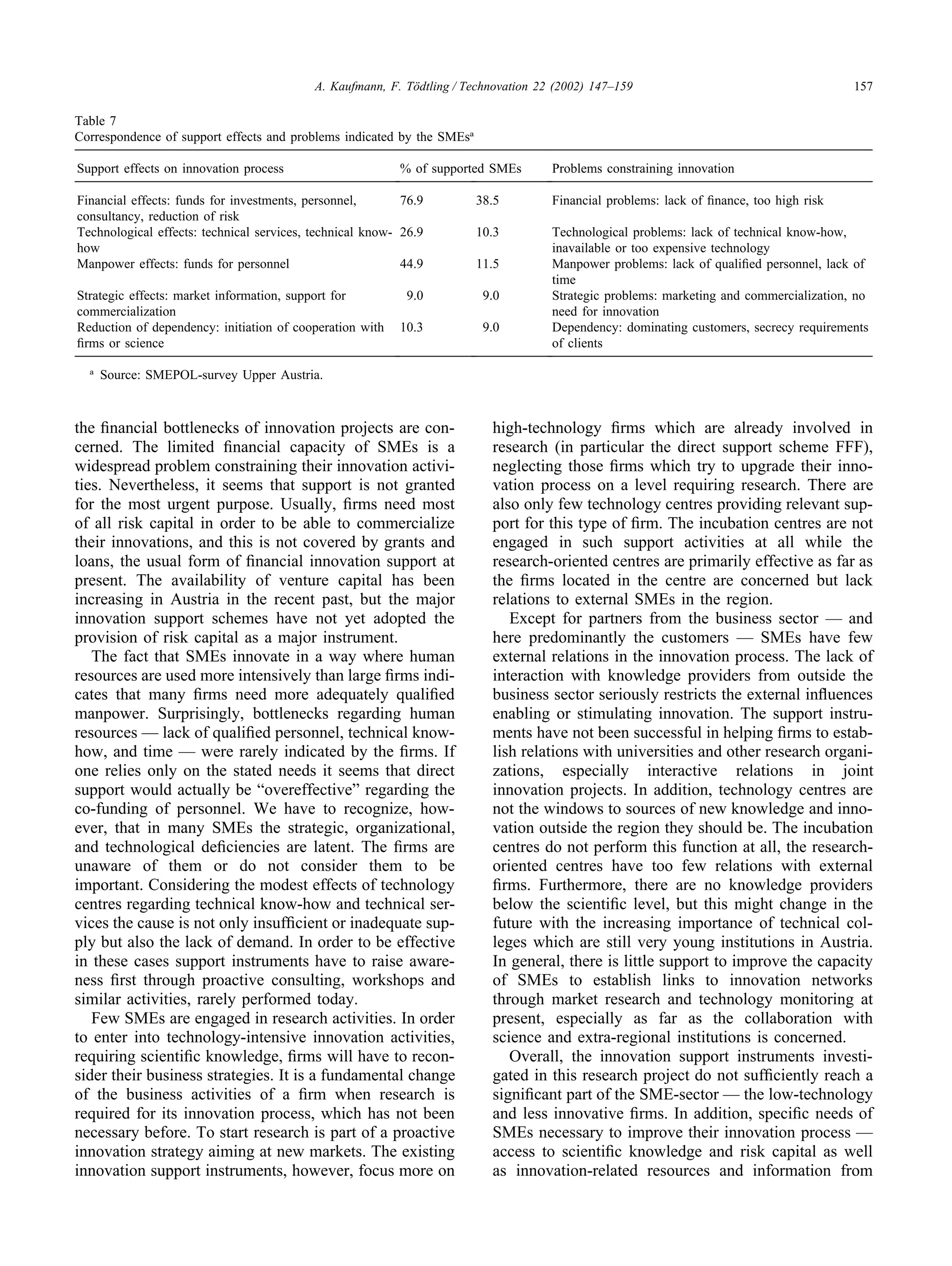 157
A. Kaufmann, F. Tödtling / Technovation 22 (2002) 147–159
Table 7
Correspondence of support effects and problems indicated by the SMEsa
Support effects on innovation process % of supported SMEs Problems constraining innovation
Financial effects: funds for investments, personnel, 76.9 38.5 Financial problems: lack of finance, too high risk
consultancy, reduction of risk
Technological effects: technical services, technical know- 26.9 10.3 Technological problems: lack of technical know-how,
how inavailable or too expensive technology
Manpower effects: funds for personnel 44.9 11.5 Manpower problems: lack of qualified personnel, lack of
time
Strategic effects: market information, support for 9.0 9.0 Strategic problems: marketing and commercialization, no
commercialization need for innovation
Reduction of dependency: initiation of cooperation with 10.3 9.0 Dependency: dominating customers, secrecy requirements
firms or science of clients
a
Source: SMEPOL-survey Upper Austria.
the financial bottlenecks of innovation projects are con-
cerned. The limited financial capacity of SMEs is a
widespread problem constraining their innovation activi-
ties. Nevertheless, it seems that support is not granted
for the most urgent purpose. Usually, firms need most
of all risk capital in order to be able to commercialize
their innovations, and this is not covered by grants and
loans, the usual form of financial innovation support at
present. The availability of venture capital has been
increasing in Austria in the recent past, but the major
innovation support schemes have not yet adopted the
provision of risk capital as a major instrument.
The fact that SMEs innovate in a way where human
resources are used more intensively than large firms indi-
cates that many firms need more adequately qualified
manpower. Surprisingly, bottlenecks regarding human
resources — lack of qualified personnel, technical know-
how, and time — were rarely indicated by the firms. If
one relies only on the stated needs it seems that direct
support would actually be “overeffective” regarding the
co-funding of personnel. We have to recognize, how-
ever, that in many SMEs the strategic, organizational,
and technological deficiencies are latent. The firms are
unaware of them or do not consider them to be
important. Considering the modest effects of technology
centres regarding technical know-how and technical ser-
vices the cause is not only insufficient or inadequate sup-
ply but also the lack of demand. In order to be effective
in these cases support instruments have to raise aware-
ness first through proactive consulting, workshops and
similar activities, rarely performed today.
Few SMEs are engaged in research activities. In order
to enter into technology-intensive innovation activities,
requiring scientific knowledge, firms will have to recon-
sider their business strategies. It is a fundamental change
of the business activities of a firm when research is
required for its innovation process, which has not been
necessary before. To start research is part of a proactive
innovation strategy aiming at new markets. The existing
innovation support instruments, however, focus more on
high-technology firms which are already involved in
research (in particular the direct support scheme FFF),
neglecting those firms which try to upgrade their inno-
vation process on a level requiring research. There are
also only few technology centres providing relevant sup-
port for this type of firm. The incubation centres are not
engaged in such support activities at all while the
research-oriented centres are primarily effective as far as
the firms located in the centre are concerned but lack
relations to external SMEs in the region.
Except for partners from the business sector — and
here predominantly the customers — SMEs have few
external relations in the innovation process. The lack of
interaction with knowledge providers from outside the
business sector seriously restricts the external influences
enabling or stimulating innovation. The support instru-
ments have not been successful in helping firms to estab-
lish relations with universities and other research organi-
zations, especially interactive relations in joint
innovation projects. In addition, technology centres are
not the windows to sources of new knowledge and inno-
vation outside the region they should be. The incubation
centres do not perform this function at all, the research-
oriented centres have too few relations with external
firms. Furthermore, there are no knowledge providers
below the scientific level, but this might change in the
future with the increasing importance of technical col-
leges which are still very young institutions in Austria.
In general, there is little support to improve the capacity
of SMEs to establish links to innovation networks
through market research and technology monitoring at
present, especially as far as the collaboration with
science and extra-regional institutions is concerned.
Overall, the innovation support instruments investi-
gated in this research project do not sufficiently reach a
significant part of the SME-sector — the low-technology
and less innovative firms. In addition, specific needs of
SMEs necessary to improve their innovation process —
access to scientific knowledge and risk capital as well
as innovation-related resources and information from
 