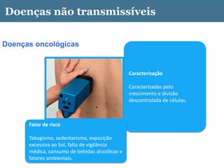 Doenças oncológicas
Caracterização
Caracterizadas pelo
crescimento e divisão
descontrolada de células.
Fator de risco
Tabagismo, sedentarismo, exposição
excessiva ao Sol, falta de vigilância
médica, consumo de bebidas alcoólicas e
fatores ambientais.
Doenças não transmissíveis
 