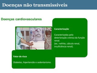 Doenças cardiovasculares
Caracterização
Caracterizadas pela
deterioração crónica da função
renal.
(ex.: nefrite, cálculo renal,
insuficiência renal).
Fator de risco
Diabetes, hipertensão e sedentarismo.
Doenças não transmissíveis
 