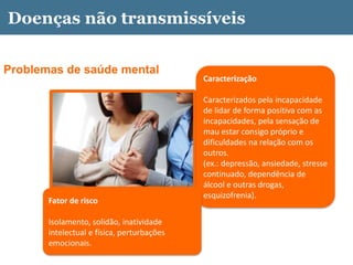 Problemas de saúde mental
Caracterização
Caracterizados pela incapacidade
de lidar de forma positiva com as
incapacidades, pela sensação de
mau estar consigo próprio e
dificuldades na relação com os
outros.
(ex.: depressão, ansiedade, stresse
continuado, dependência de
álcool e outras drogas,
esquizofrenia).
Fator de risco
Isolamento, solidão, inatividade
intelectual e física, perturbações
emocionais.
Doenças não transmissíveis
 