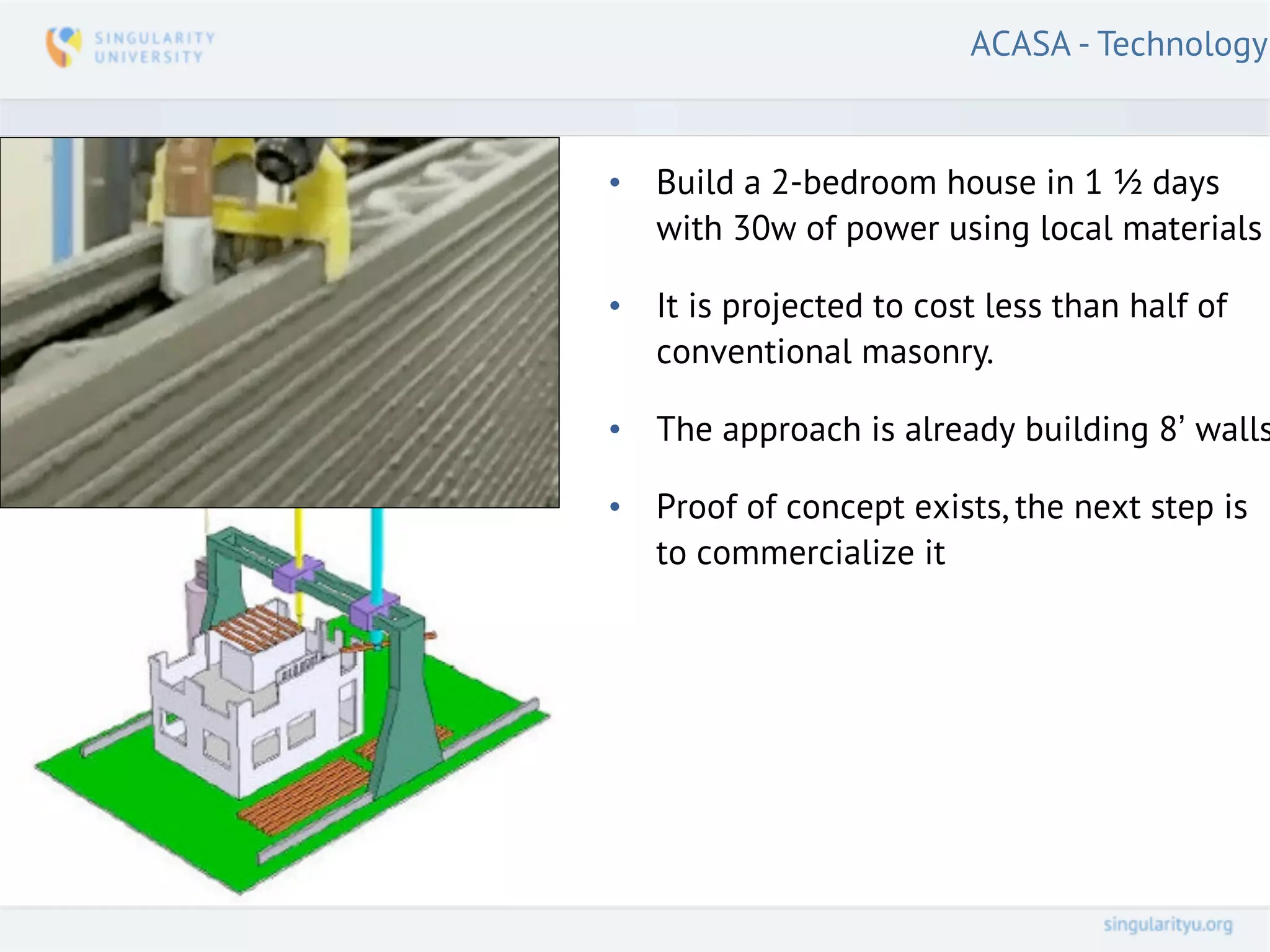 ACASA - Technology


•   Build a 2-bedroom house in 1 ½ days
    with 30w of power using local materials

•   It is projected to cost less than half of
    conventional masonry.

•   The approach is already building 8’ walls

•   Proof of concept exists, the next step is
    to commercialize it
 