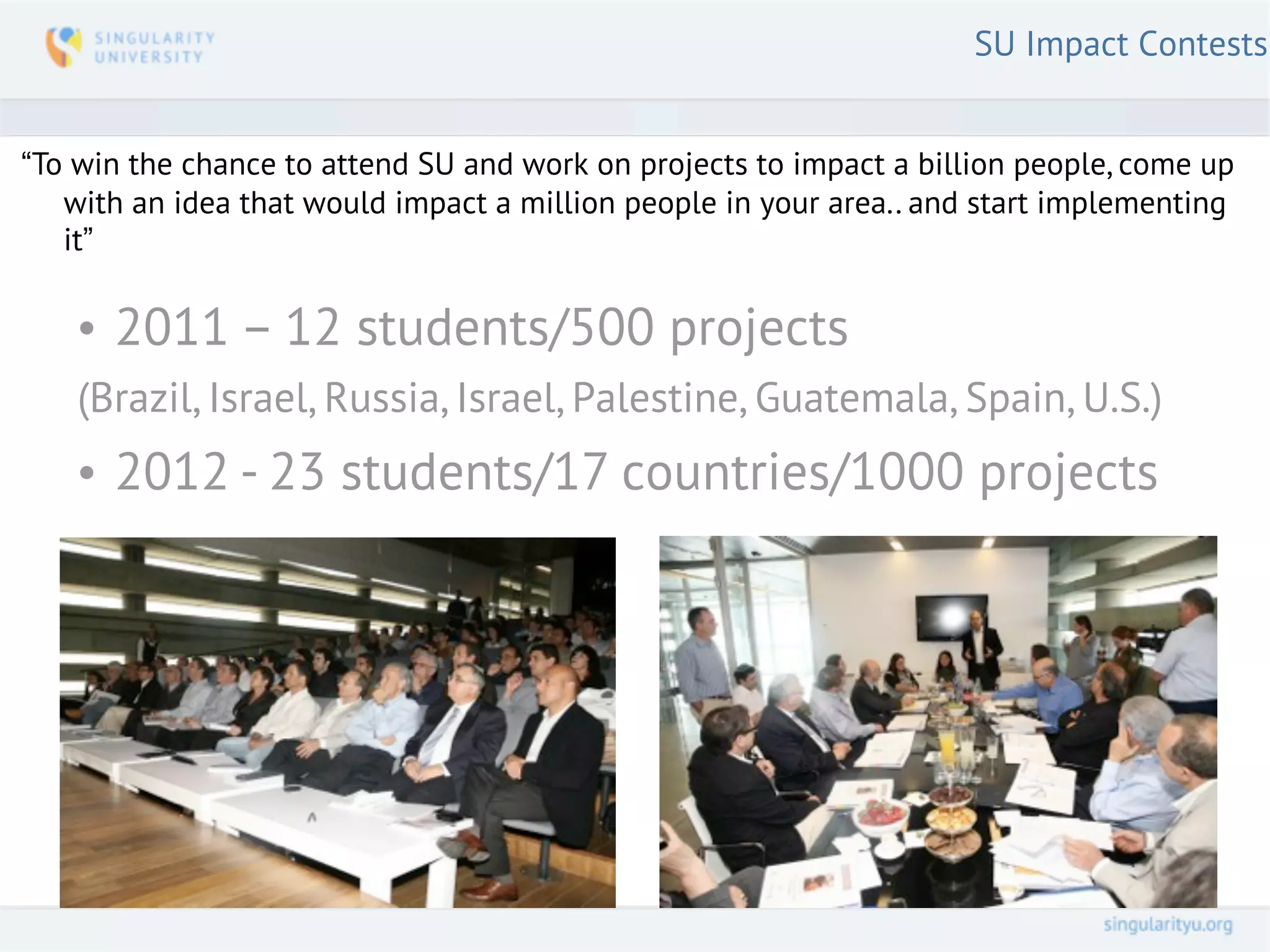 SU Impact Contests


“To win the chance to attend SU and work on projects to impact a billion people, come up
   with an idea that would impact a million people in your area.. and start implementing
   it”


    • 2011 – 12 students/500 projects
    (Brazil, Israel, Russia, Israel, Palestine, Guatemala, Spain, U.S.)
    • 2012 - 23 students/17 countries/1000 projects
 