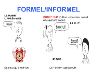 FORMEL/INFORMEL
BONNE NUIT s’utilise uniquement quand
nous partons dormir.
De 6h jusqu’à 18h/19h
LE MATIN/
L’APRÈS-MIDI
LE SOIR
De 18h/19H jusqu’à 00H
LA NUIT
 