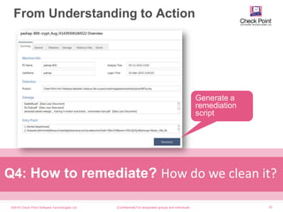 ©2016 Check Point Software Technologies Ltd. 22
From Understanding to Action
[Confidential] For designated groups and individuals​
Generate a
remediation
script
Q4: How to remediate? How do we clean it?
 