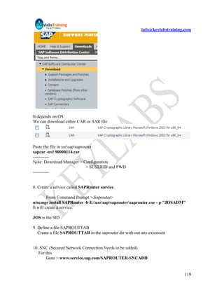 info@keylabstraining.com




It depends on OS
We can download either CAR or SAR file




Paste the file in usrsapsaprouter
sapcar -xvf 90000114.car
-----------
Note: Download Manager > Configuration
                                > SUSERID and PWD
-----------


8. Create a service called SAPRouter service.

         From Command Prompt > Saprouter>
ntscmgr install SAPRouter -b E:usrsapsaproutersaprouter.exe - p "JOSADM"
It will create a service.

JOS is the SID

9. Define a file SAPROUTTAB
   Create a file SAPROUTTAB in the saprouter dir with out any extension


10. SNC (Secured Network Connection Needs to be added)
   For this
       Goto > www.service.sap.com/SAPROUTER-SNCADD


                                                                              119
 