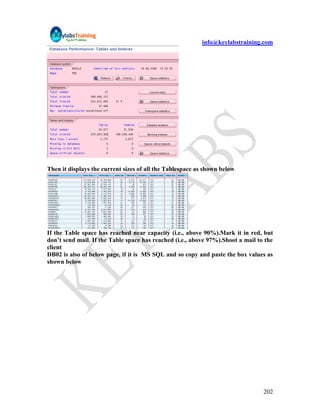 info@keylabstraining.com




Then it displays the current sizes of all the Tablespace as shown below




If the Table space has reached near capacity (i.e., above 90%).Mark it in red, but
don’t send mail. If the Table space has reached (i.e., above 97%).Shoot a mail to the
client
DB02 is also of below page, if it is MS SQL and so copy and paste the box values as
shown below




                                                                                 202
 