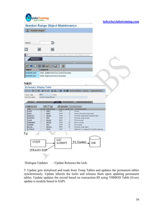 info@keylabstraining.com




NRIV




Eg:




Dialogue Updates     - Update Releases the lock.

5. Update gets initialized and reads from Temp Tables and updates the permanent tables
synchronously. Update inherits the locks and releases them upon updating permanent
tables. Update updates the record based on transaction-ID using VBMOD Table (Every
update is module based in SAP)




                                                                                   39
 